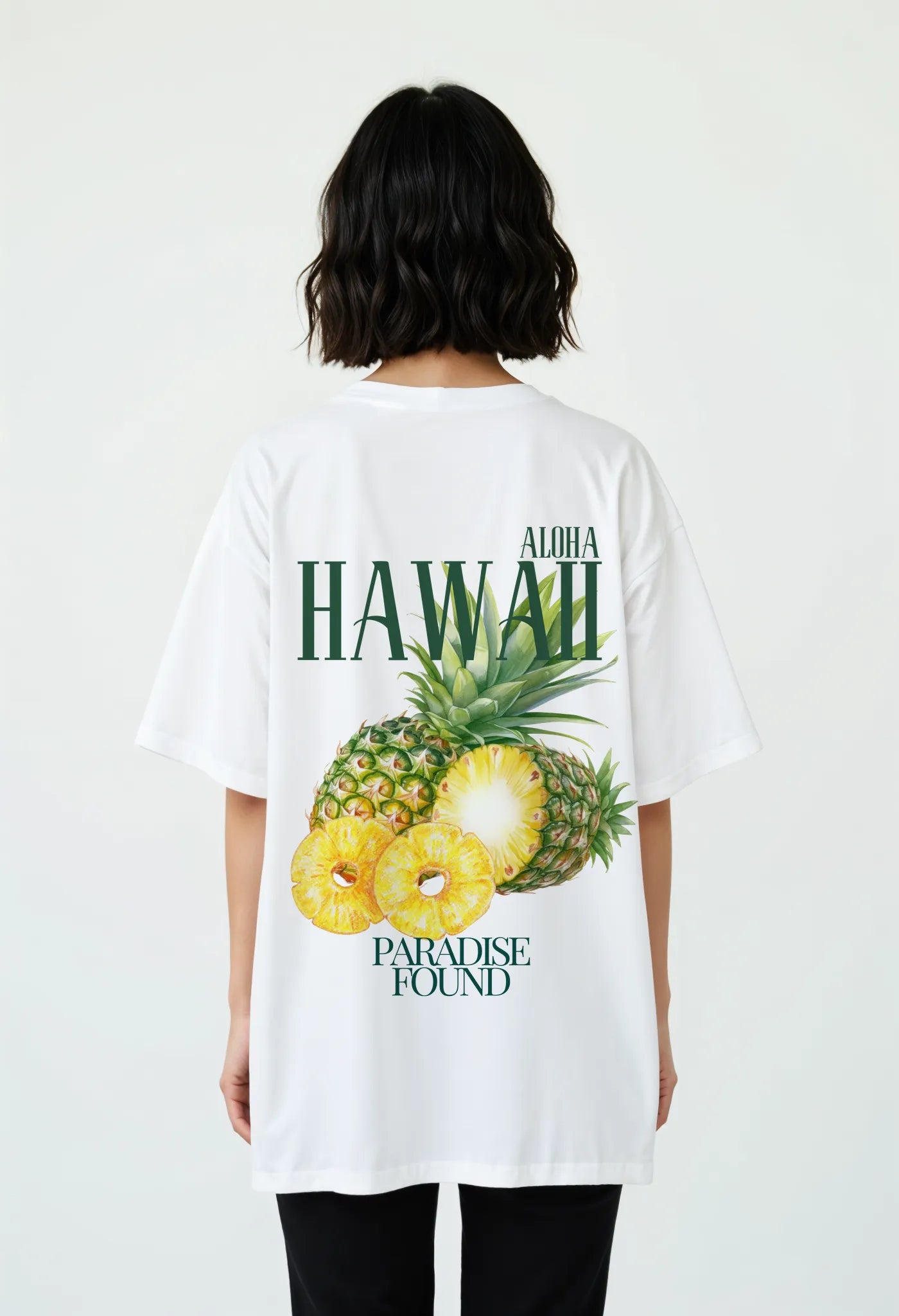 Back view of Empulse™ Hawaii Pineapple t-shirt made with Sorona blend worn by female model