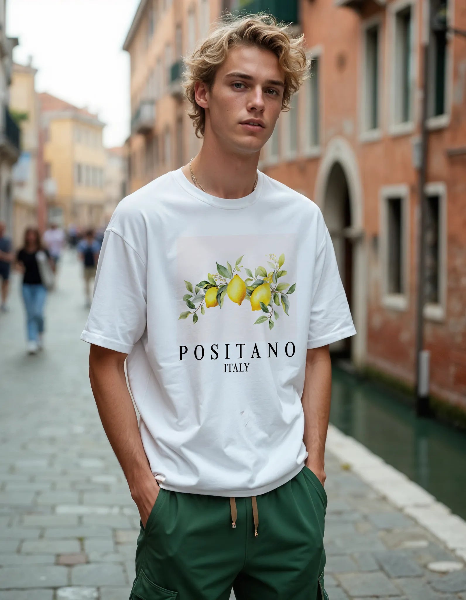 Empulse™ Positano Sorona blend t-shirt styled in urban street setting by male model waist up