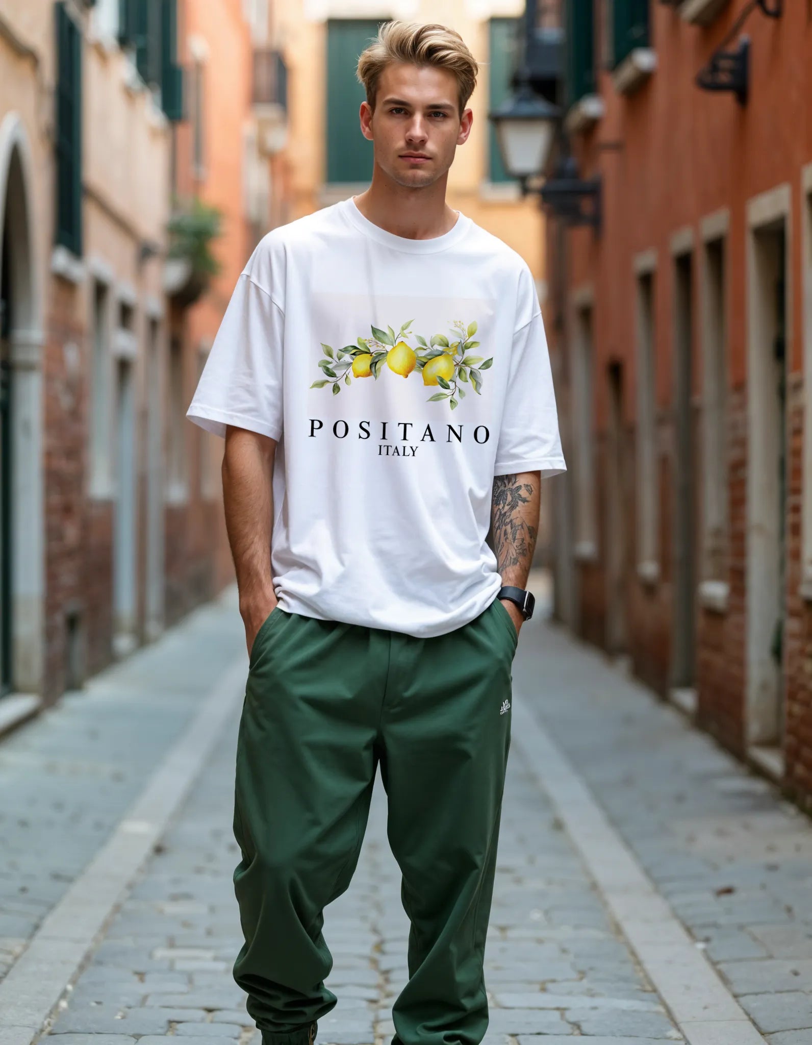 Empulse™ Positano Sorona blend t-shirt styled in urban street  Rome setting by male model