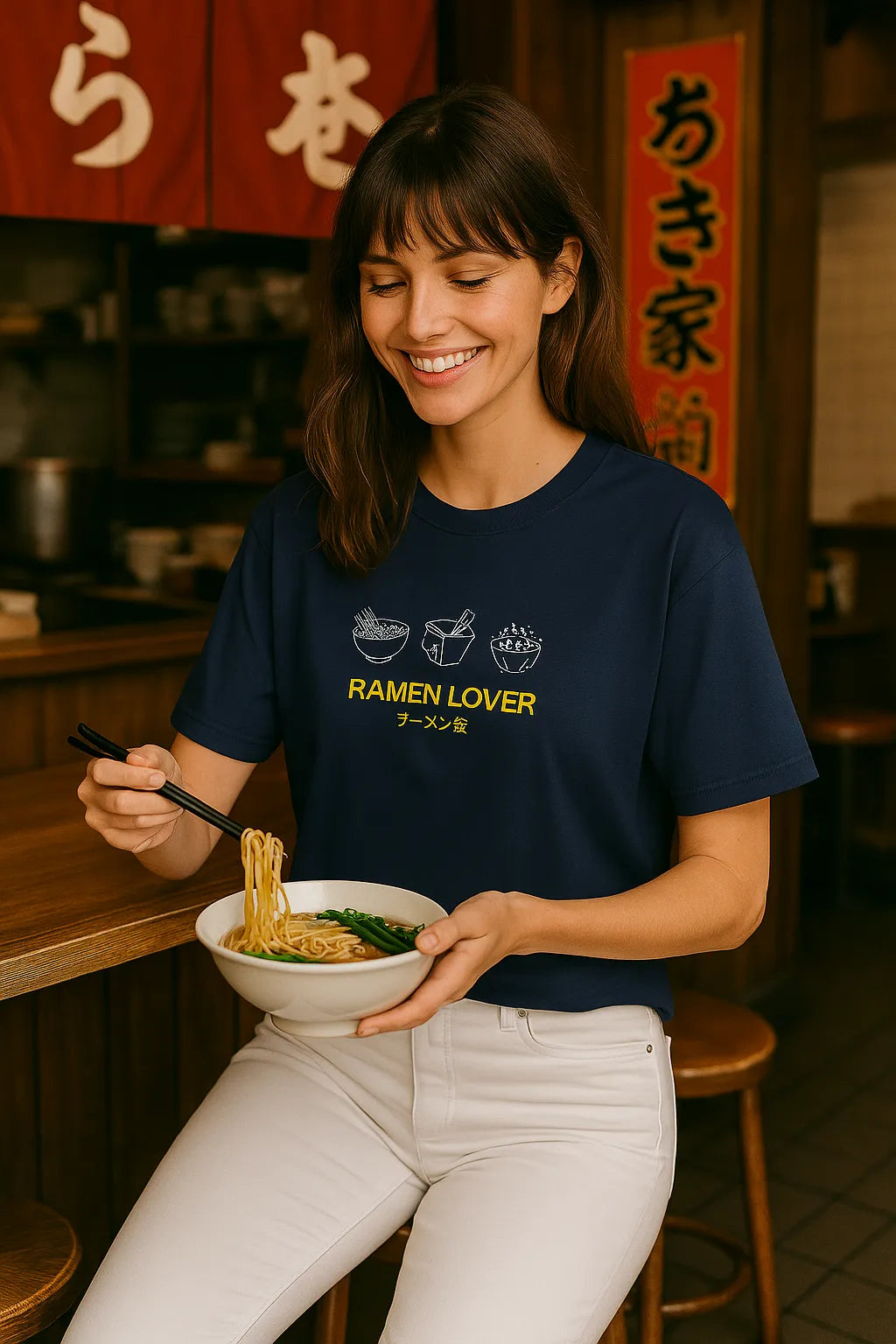 Empulse a young model wearing Ramen Lover navy tshirt