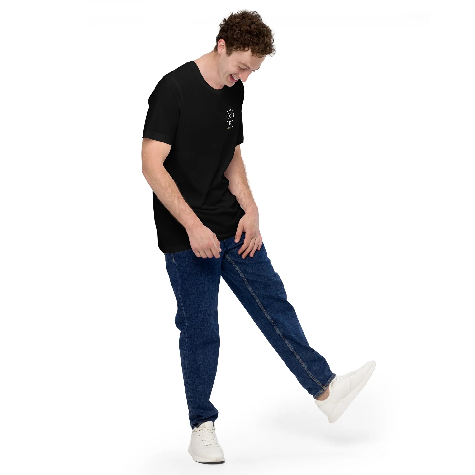 Man posing sideways in Empulse black Rebel Hare tshirt