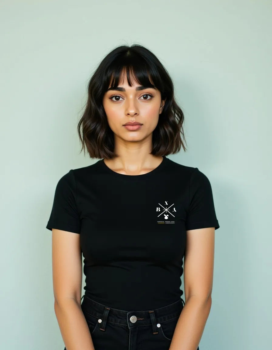 Female model wearing black Empulse Rebel Hare tshirt front view

