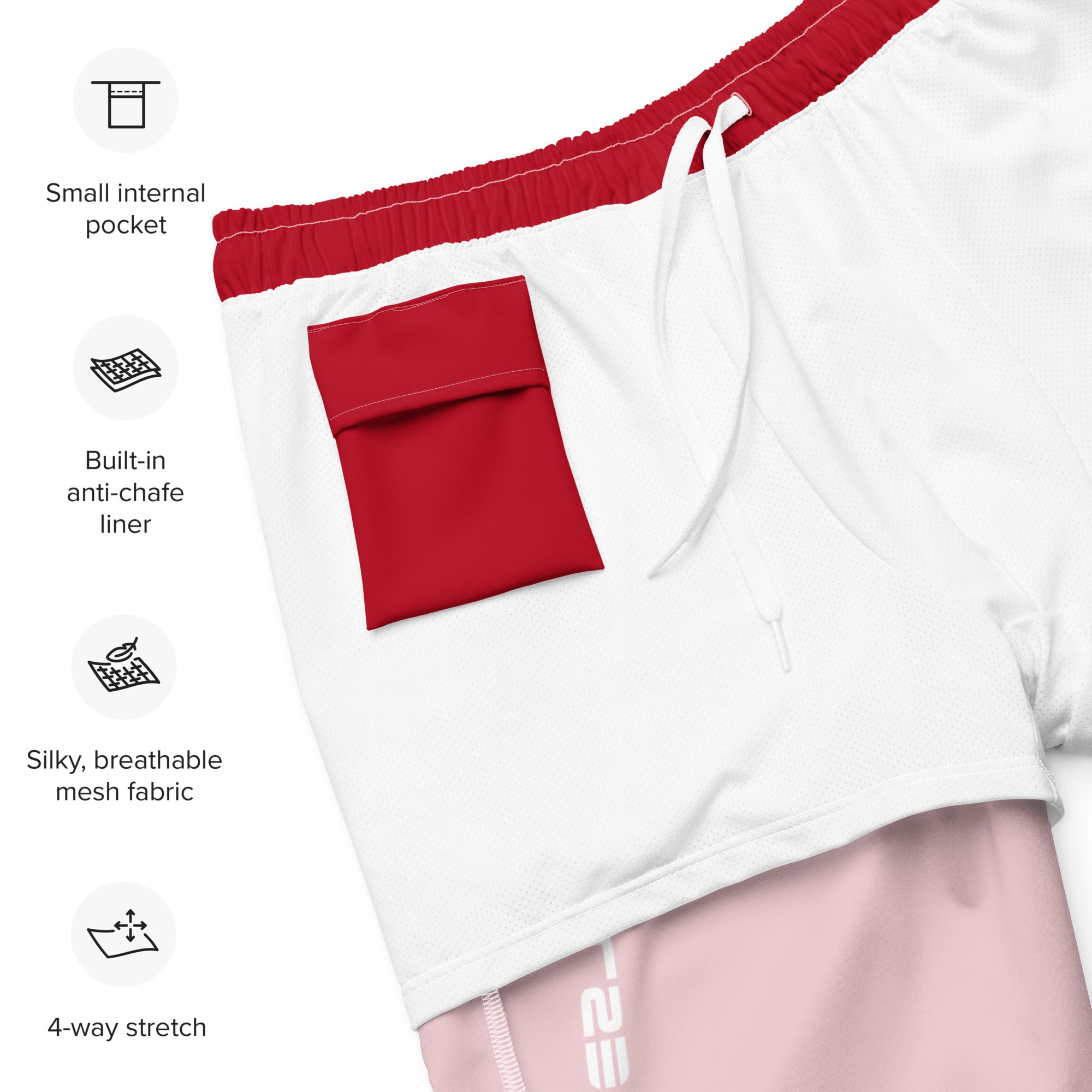 Flat lay of Empulse™ Red swim shorts featuring inside label and sizing guide