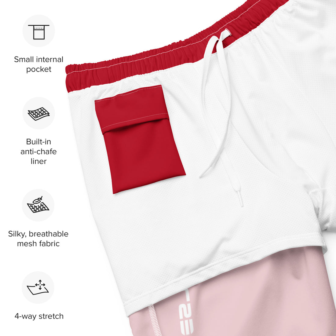 Flat lay of Empulse™ Red swim shorts featuring inside label and sizing guide
