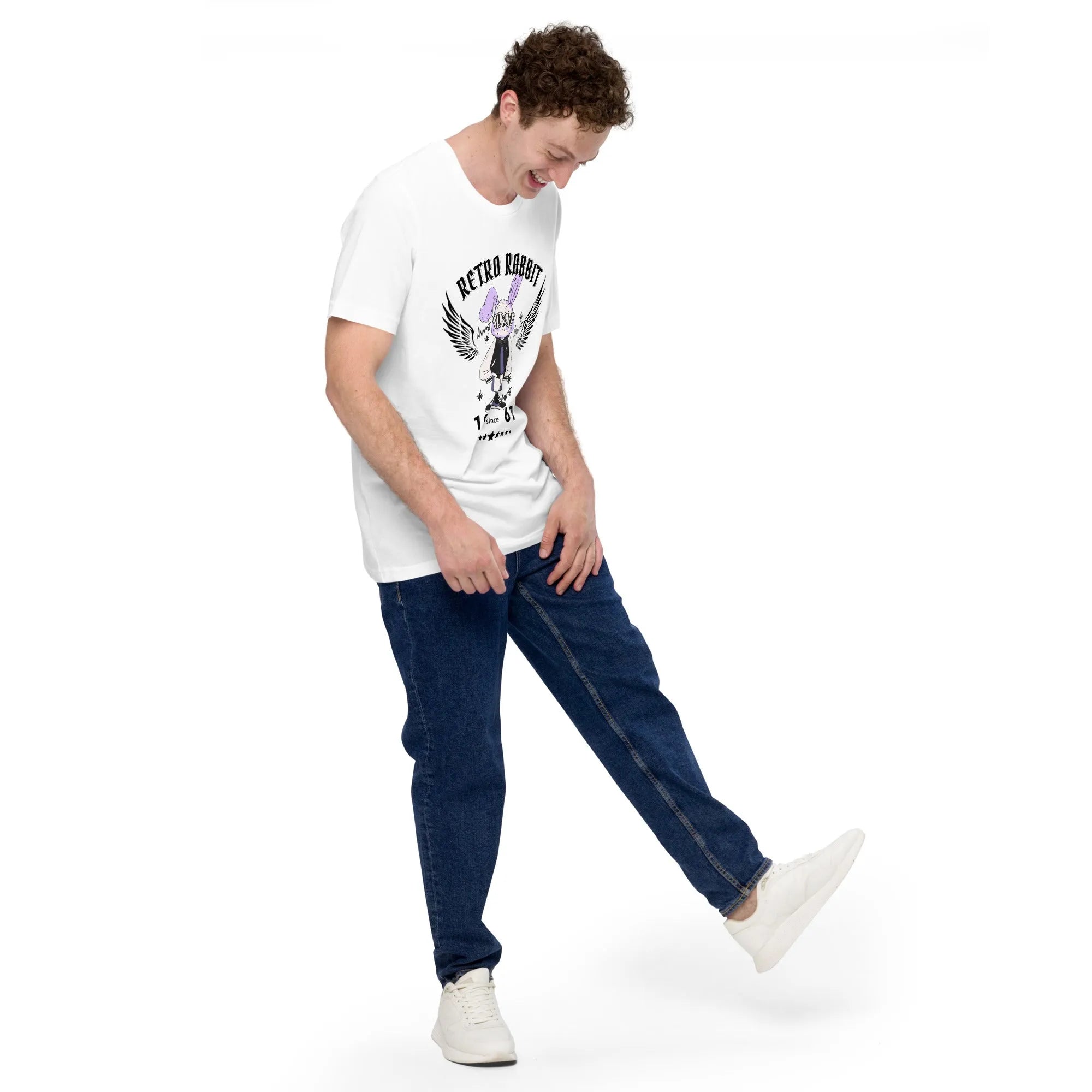 Angled full-body pose of man in Retro Rabbit tshirt by Empulse