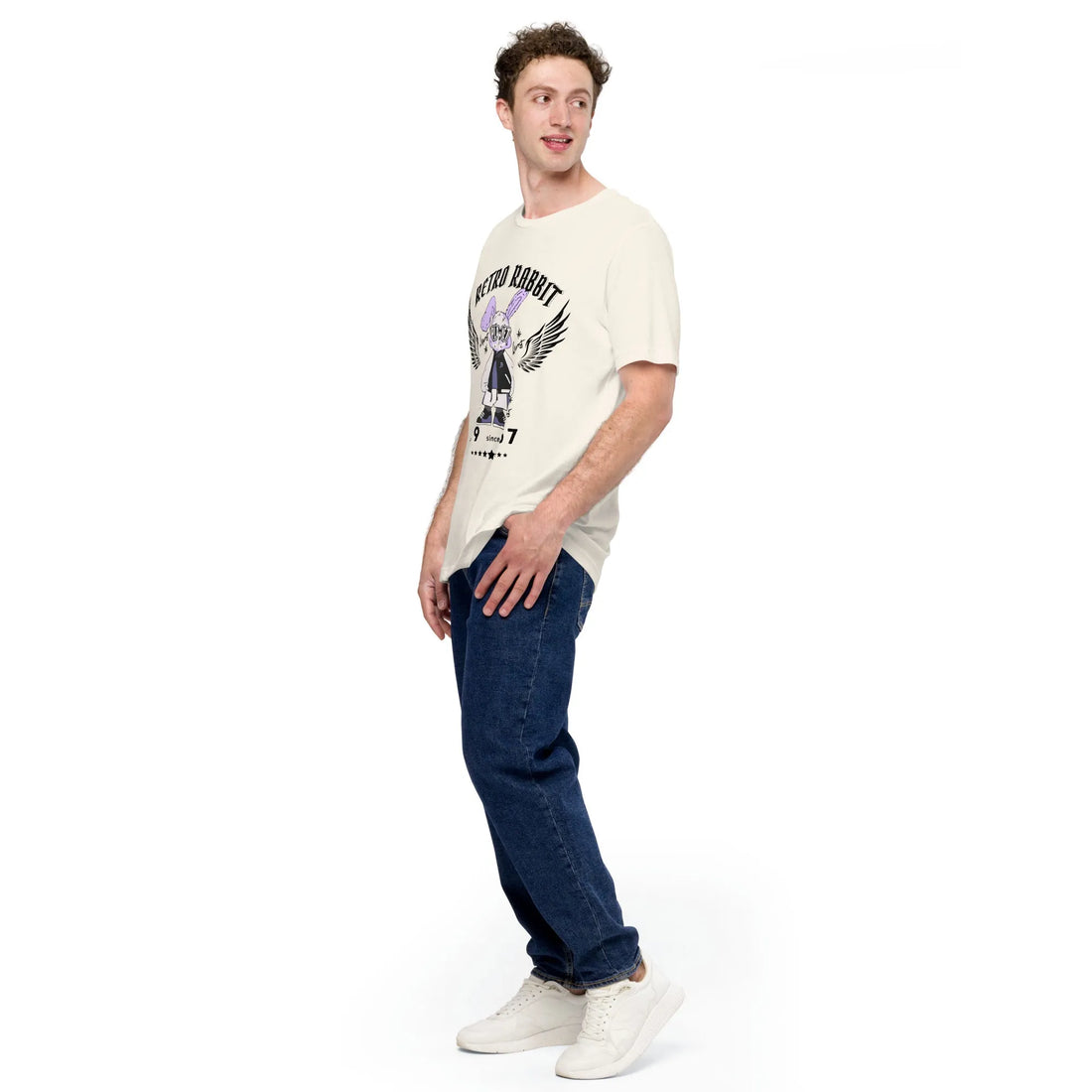 Close back view of off-white Empulse Retro Rabbit tshirt worn by man