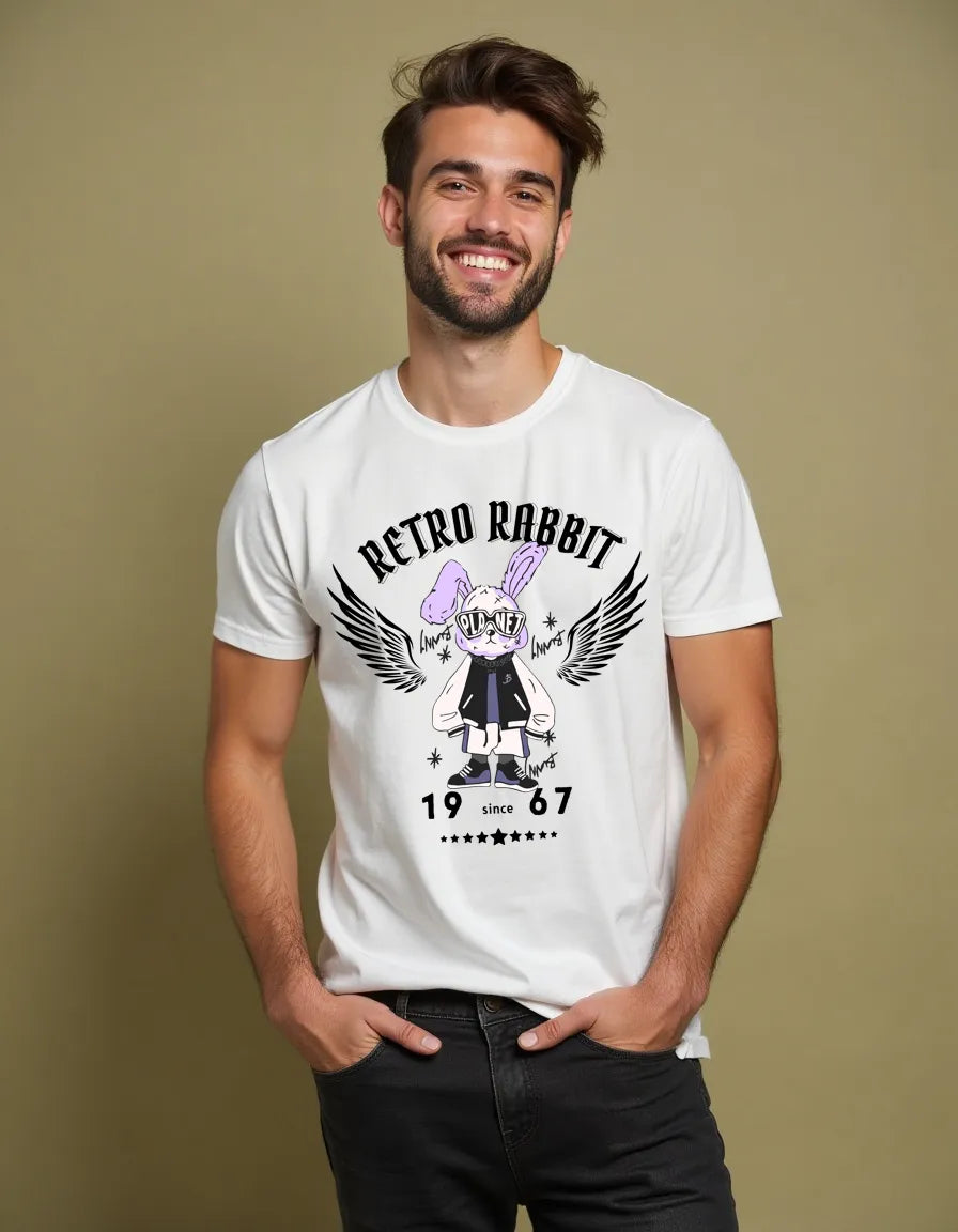 Male model wearing off-white Empulse Retro Rabbit tshirt front view