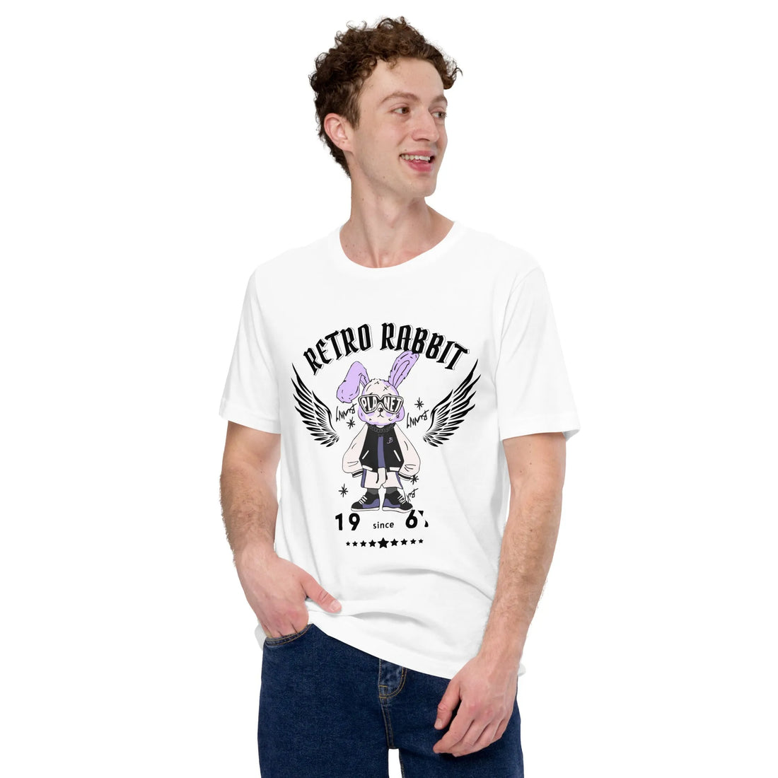 Side view of off-white Empulse Retro Rabbit tshirt worn by male