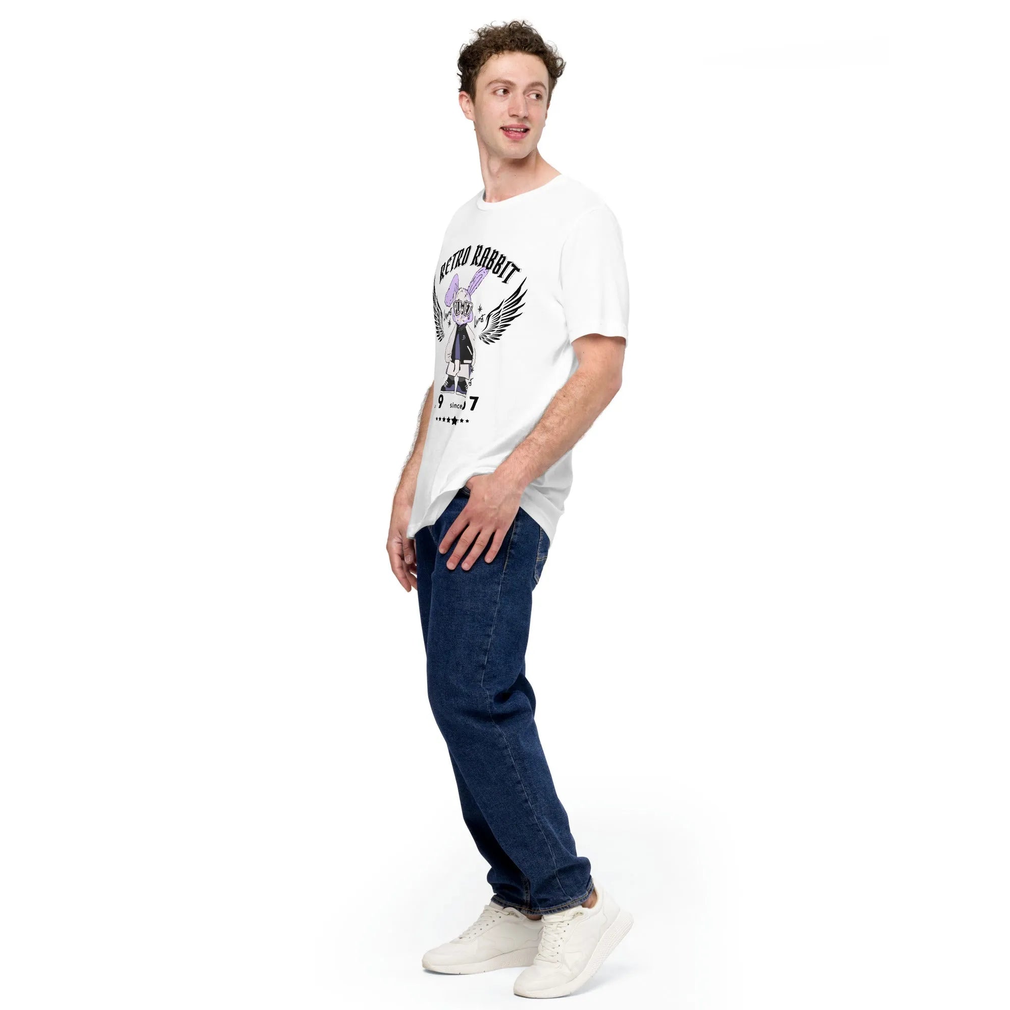 Male walking sideways in Empulse Retro Rabbit tshirt off-white