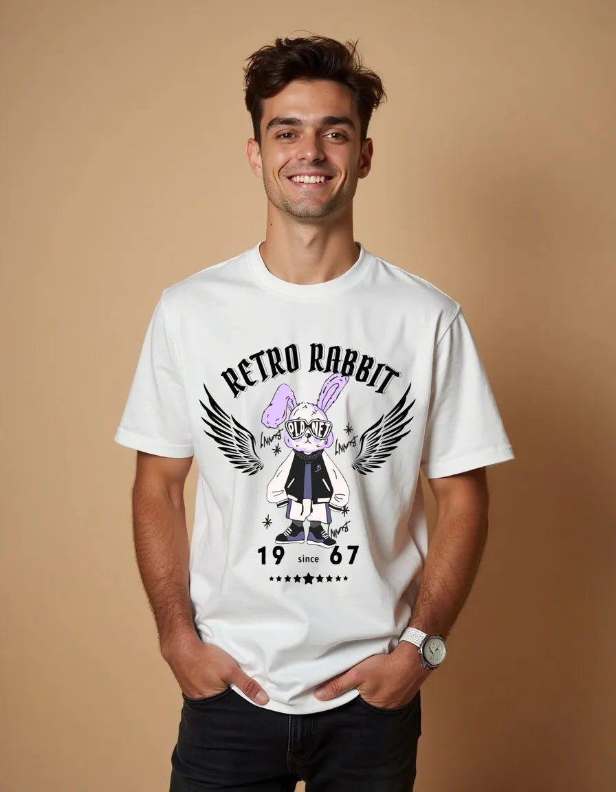 Smiling male model wearing Retro Rabbit tshirt by Empulse in off-white