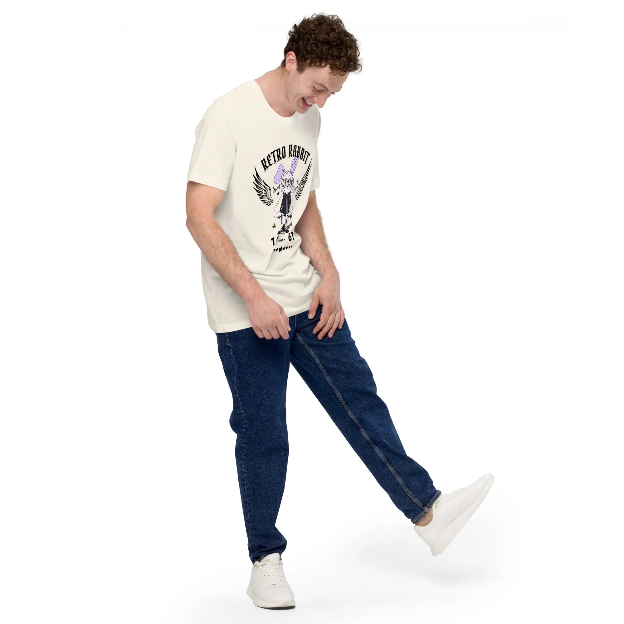 Male walking forward in off-white Retro Rabbit tshirt by Empulse