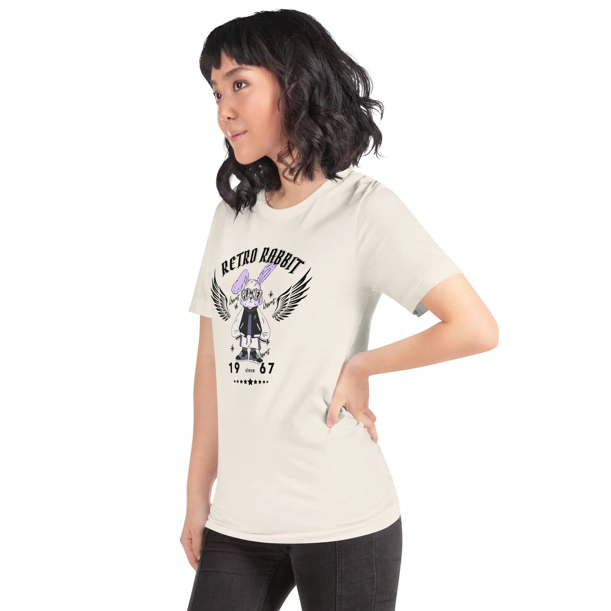 Woman side-facing in off-white Empulse Retro Rabbit tshirt