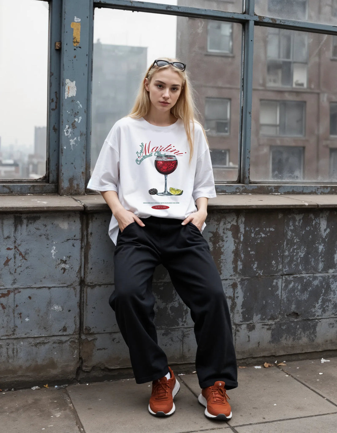 Empulse™ Sorona white tee styled in New York loft with relaxed streetwear vibe and wine-themed front print