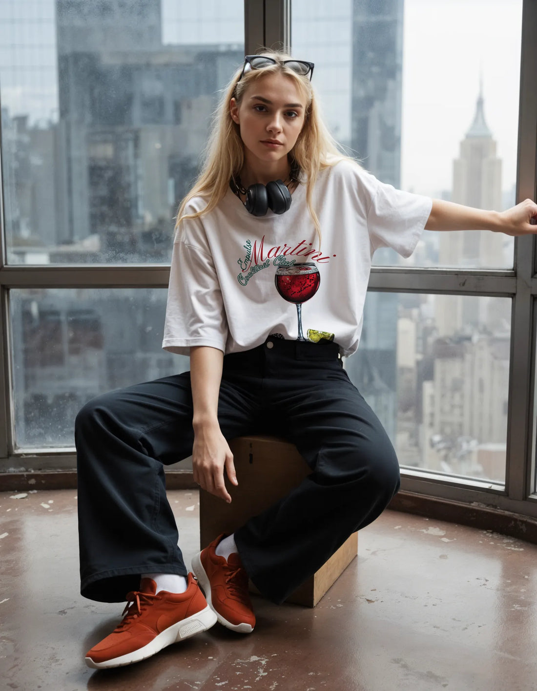 Empulse™ Shiraz Club t-shirt worn indoors near a loft window, showing bold red wine streetwear design