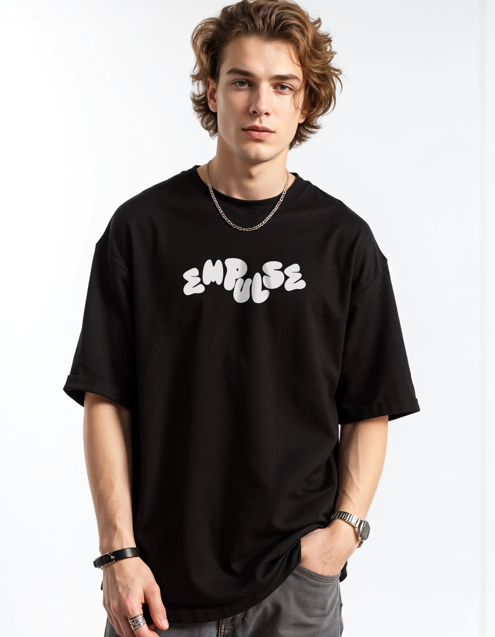 Empulse™ Signature black Sorona t-shirt with bold front logo in white, worn by male model

