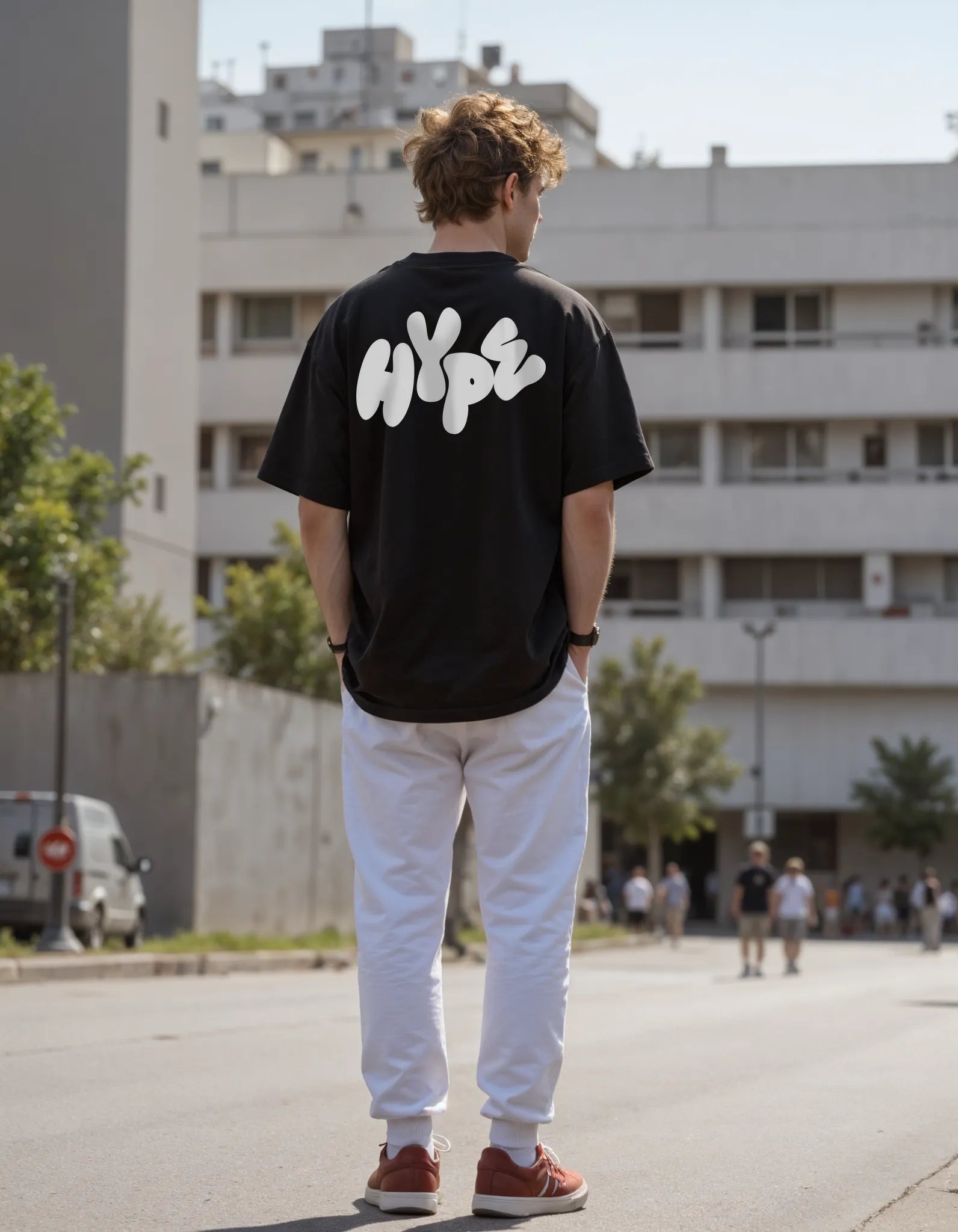 Empulse™ black Sorona t-shirt with signature logo styled in relaxed city look by male model