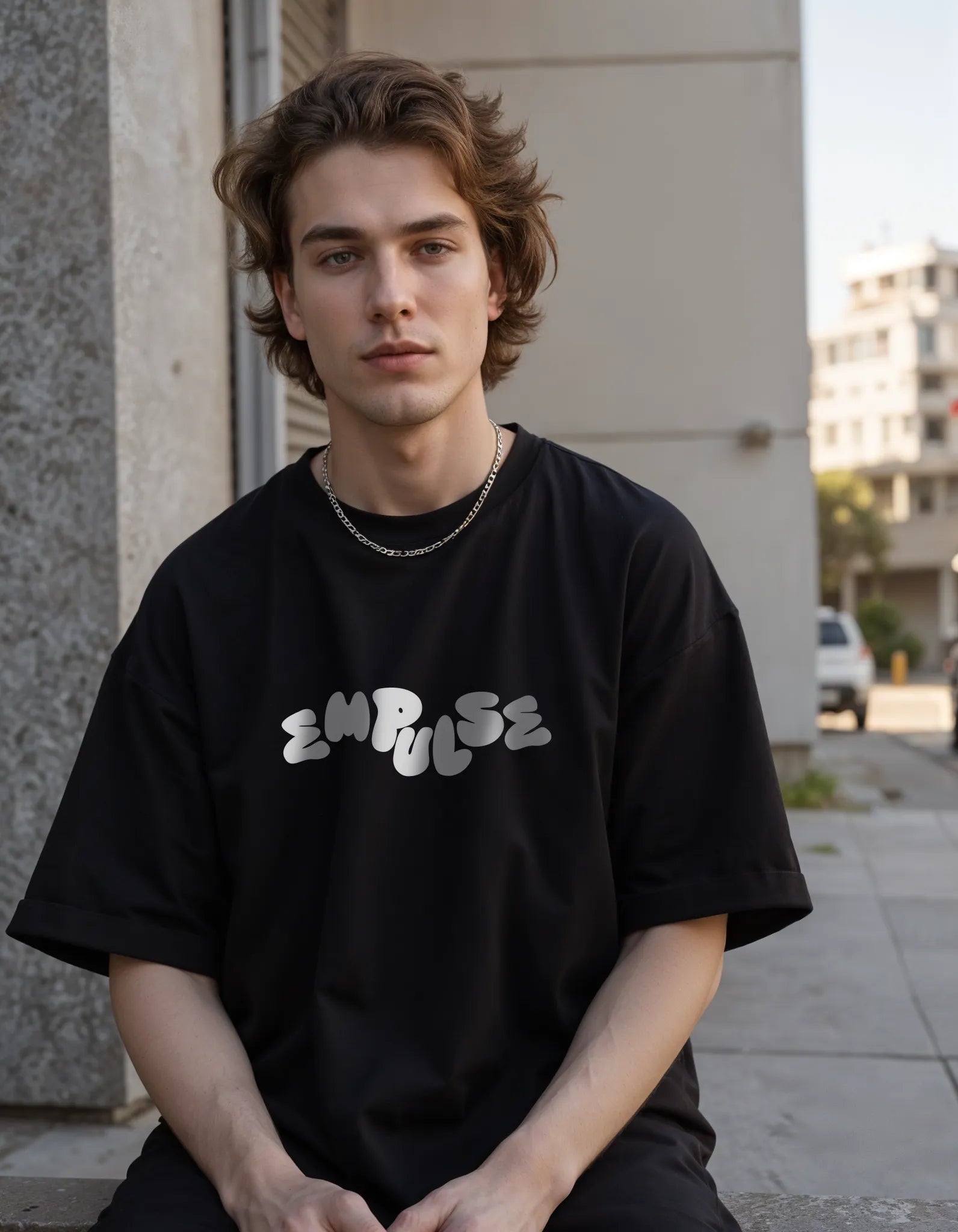 Empulse™ black Sorona cotton tee styled in urban streetwear scene with oversized signature print