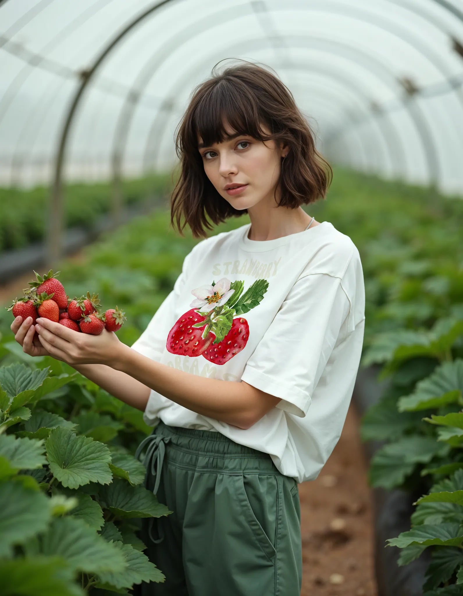 Empulse™ Strawberry Sorona t-shirt worn by female model in a greenhouse surrounded by strawberry plants
