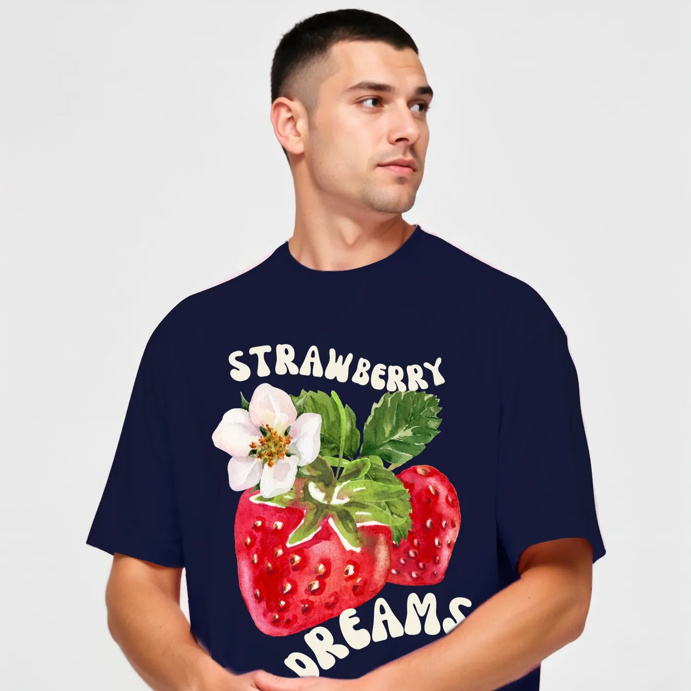 Empulse™ navy Sorona t-shirt with front close-up of strawberry fruit artwork and white script