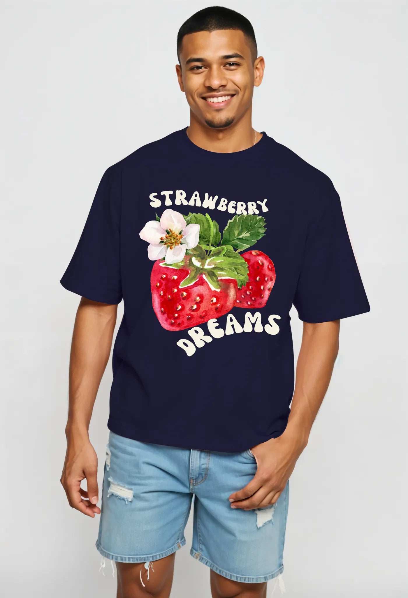 Empulse™ navy Sorona t-shirt with Strawberry Dreams graphic styled with casual fit and denim shorts