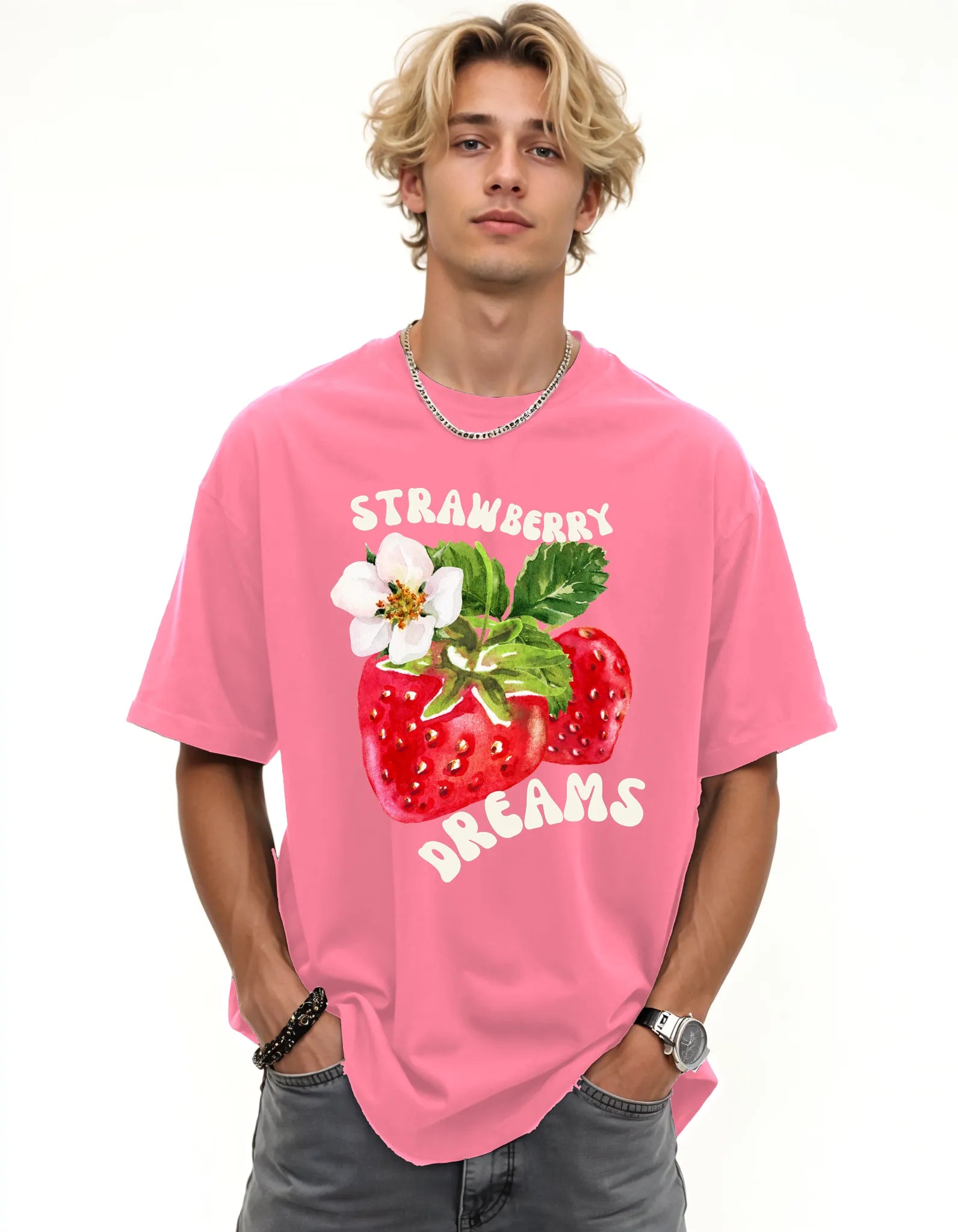 Empulse™ Strawberry Dreams t-shirt in pink Sorona blend featuring vibrant fruit design worn by male model