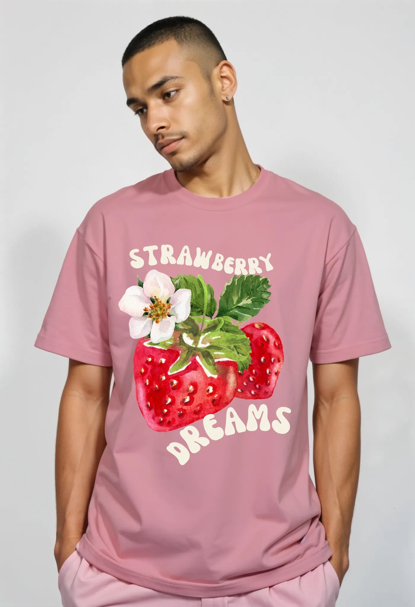 Empulse™ Sorona strawberry tee in pastel pink paired with light pink pants, styled casual