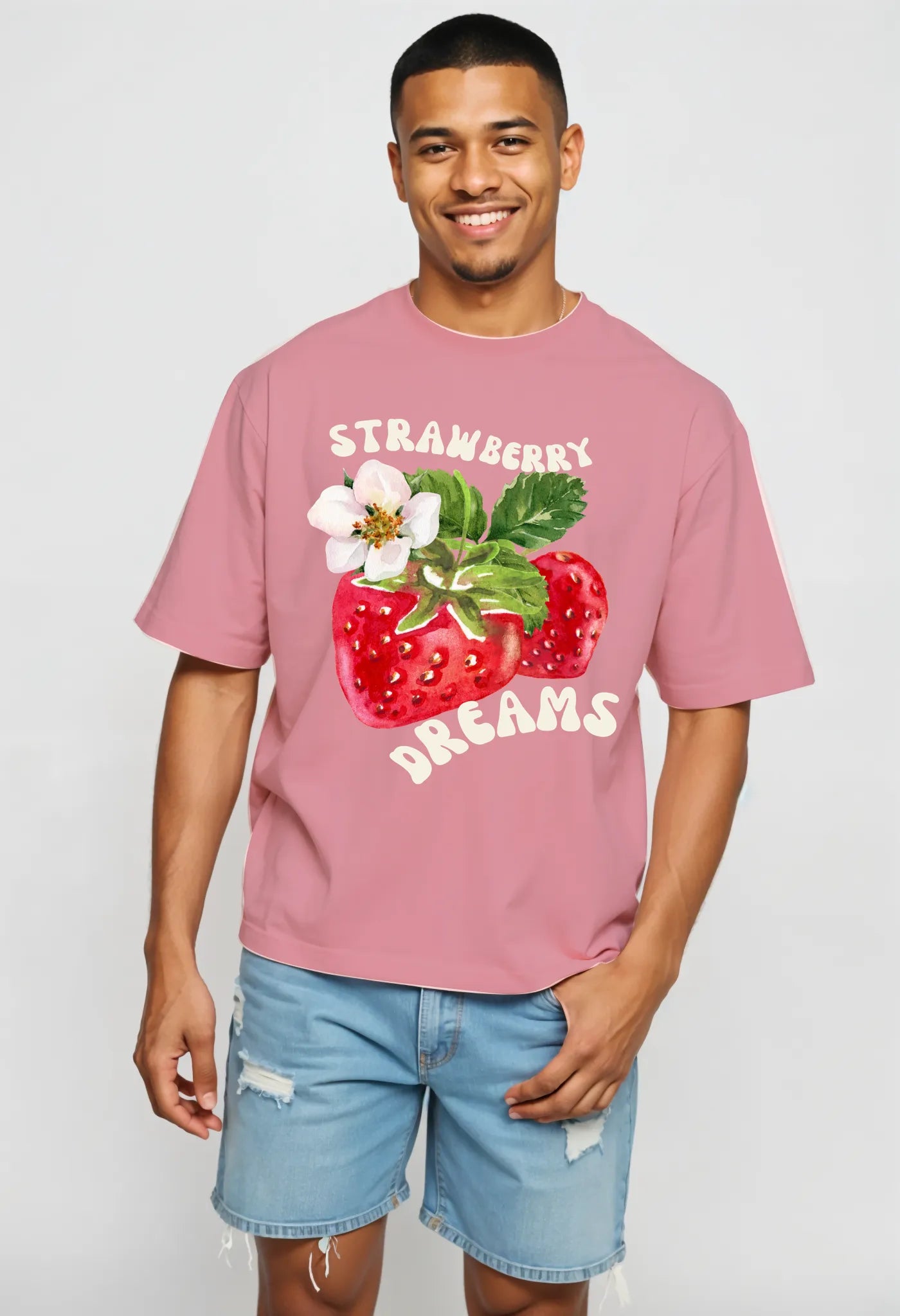 Empulse™ Sorona strawberry tee in pastel pink paired with light denim shorts, styled casual