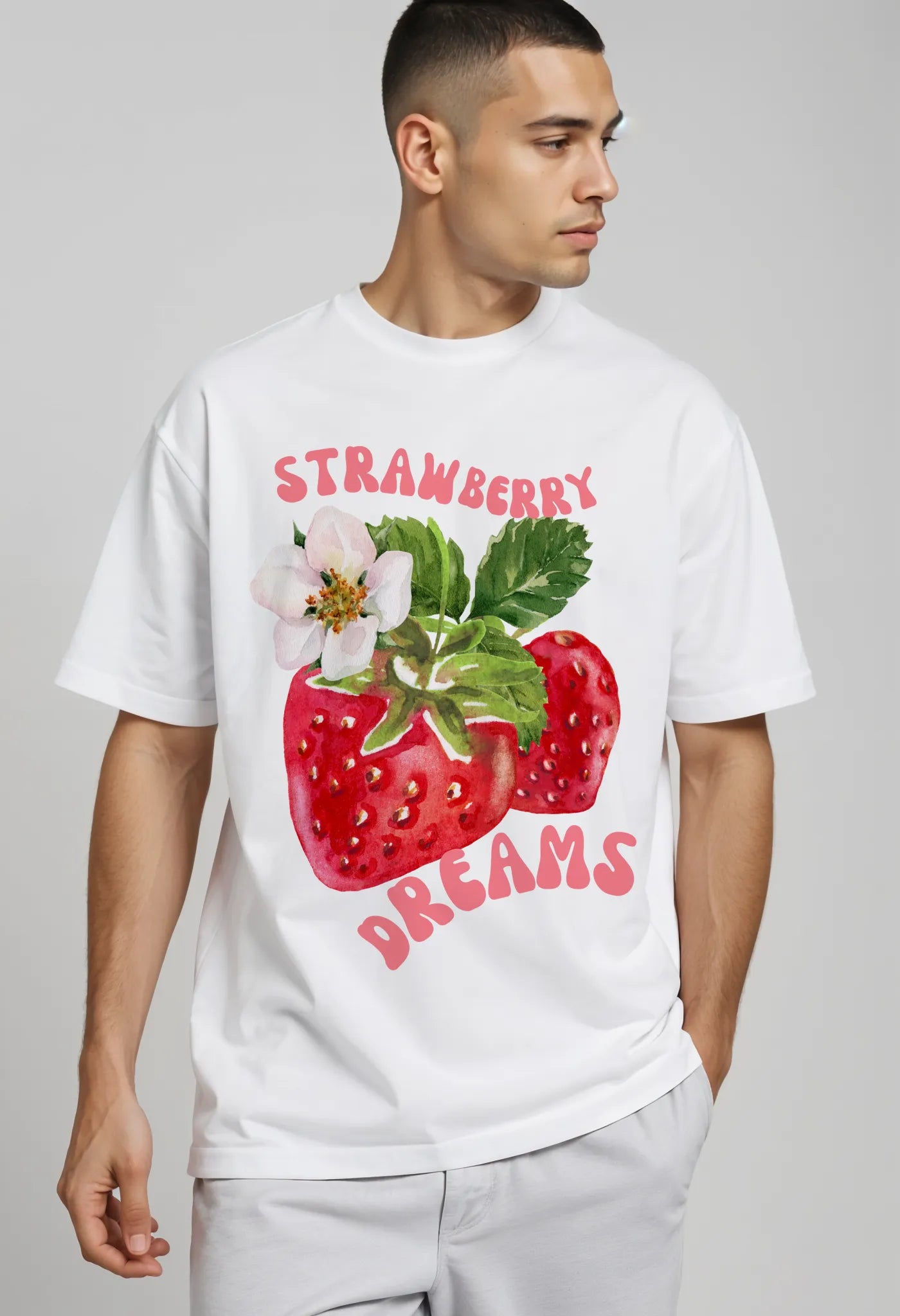 Empulse™ Strawberry Dreams t-shirt made from Sorona in white, styled by male model front-facing