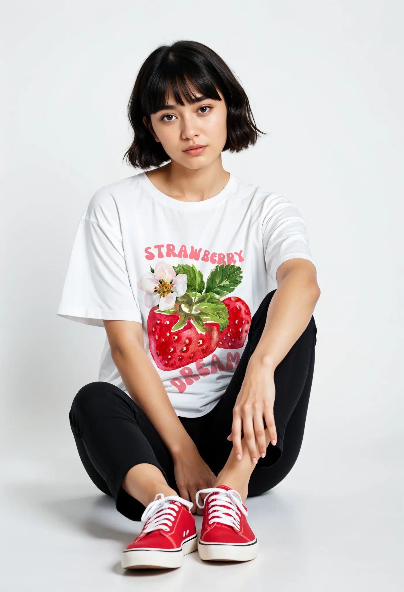 Empulse™ white Sorona tee with red strawberry print styled by model seated on studio floor