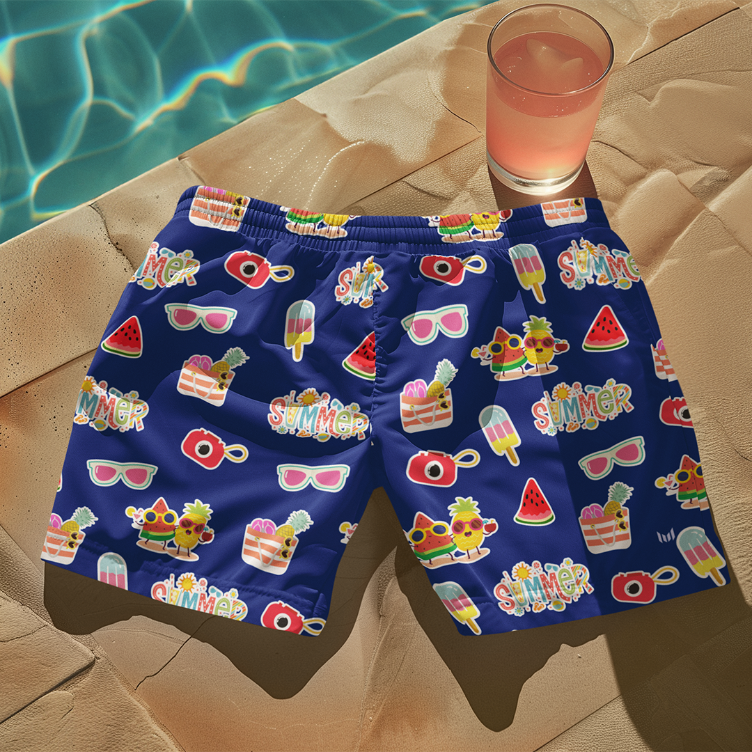 Back view of Empulse™ Summer Fun shorts worn by model near sandy beach