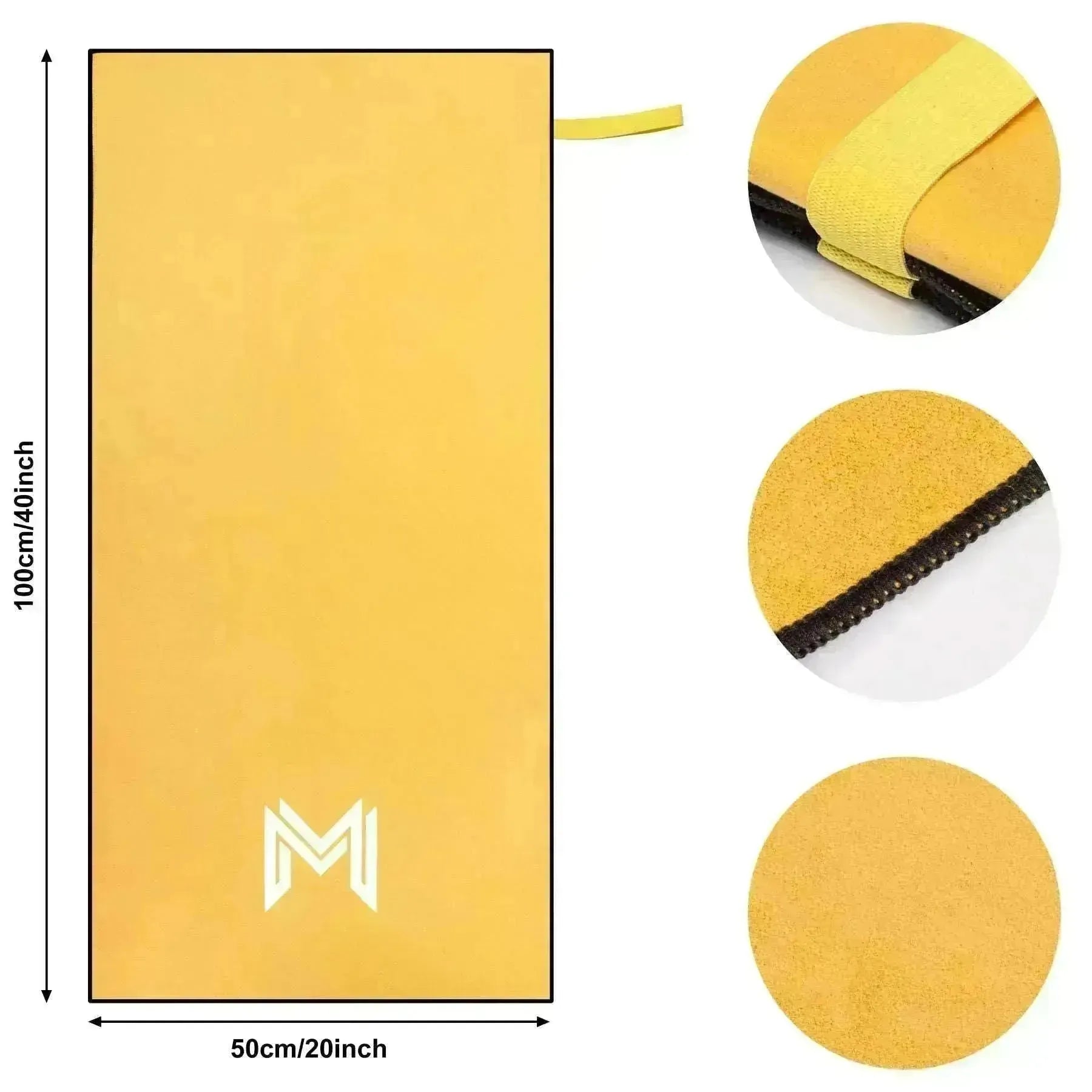 Flat lay of Empulse™ Sunrise Splash gym towel showing circular close-up, logo, and hanging loop