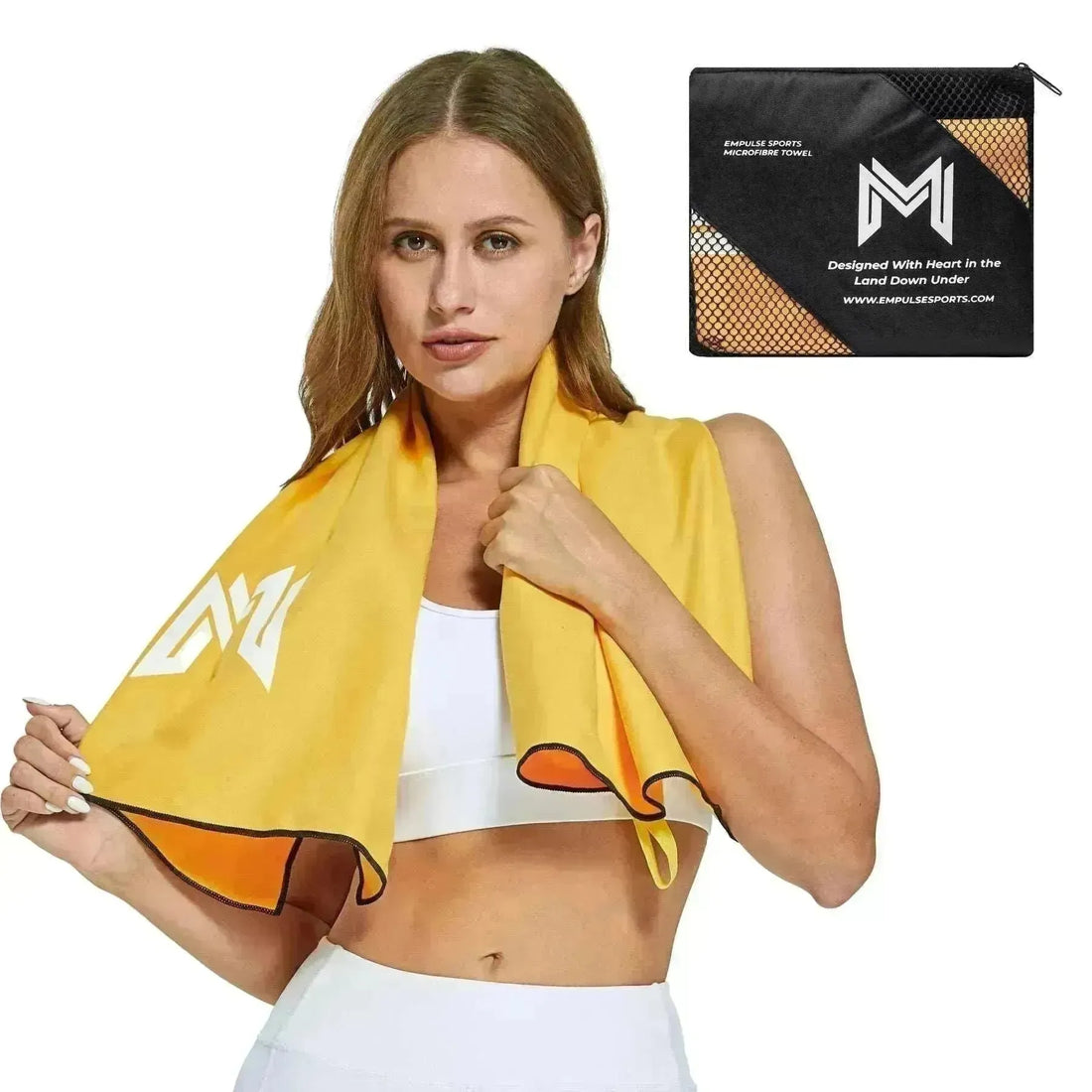 Studio shot of Empulse™ Sunrise Splash towel featuring bold white logo on golden yellow fabric