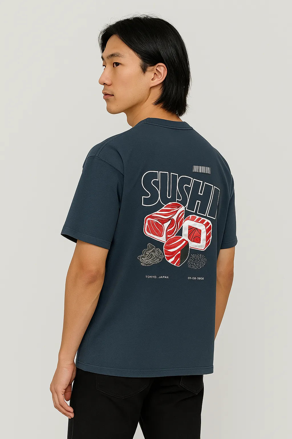 Front view of Empulse™ Sushi Club Sorona t-shirt in black, styled casually by female model