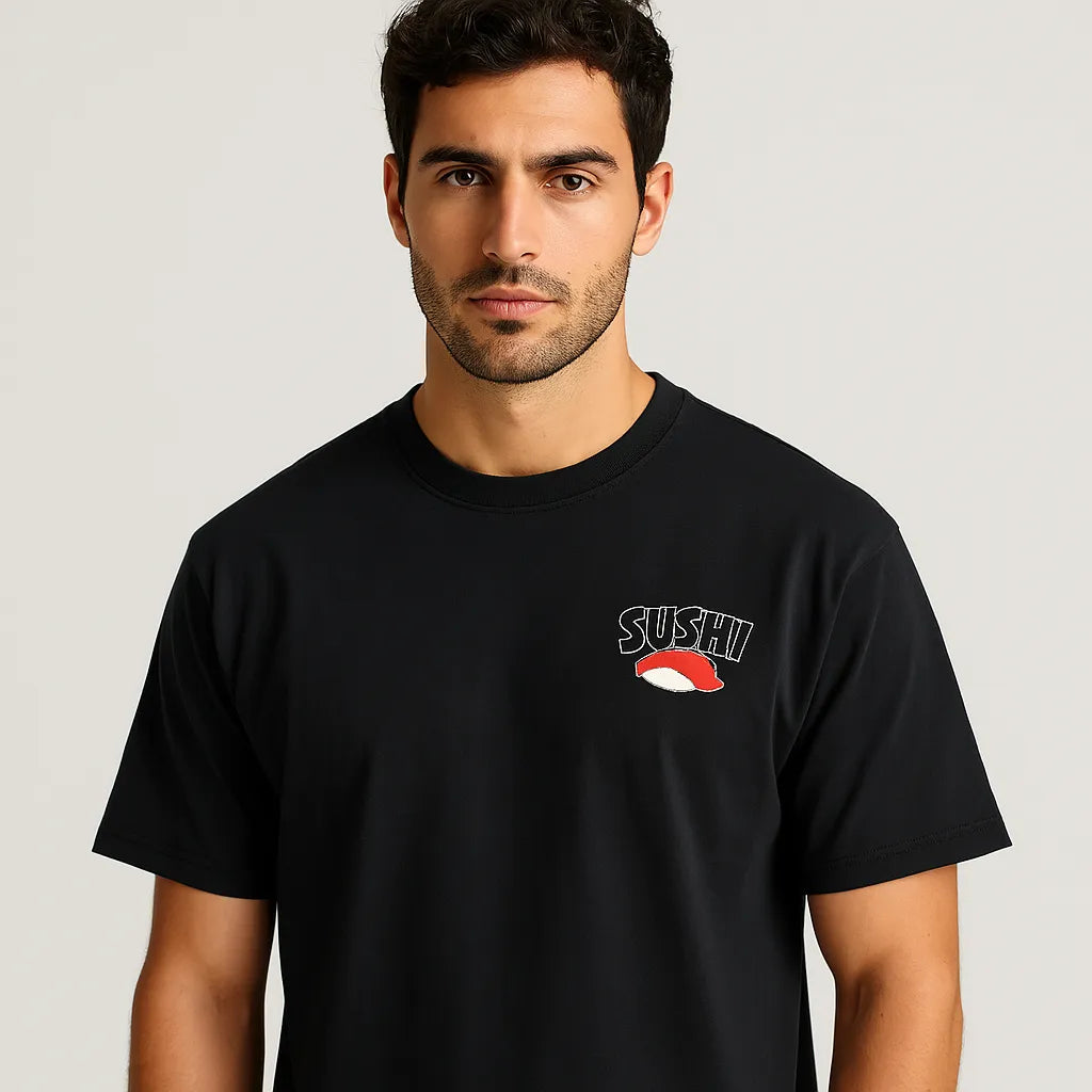 Empulse™ Sushi Club t-shirt in black Sorona blend with front sushi graphic worn by male model