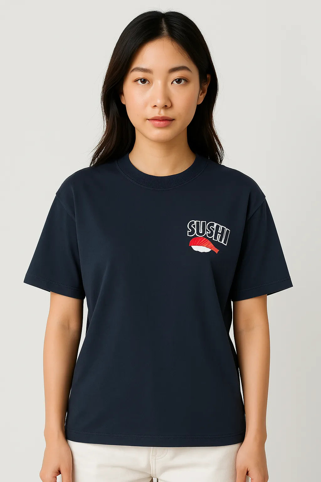 Front view of Empulse™ Sushi Club Sorona t-shirt in navy, styled casually by female model