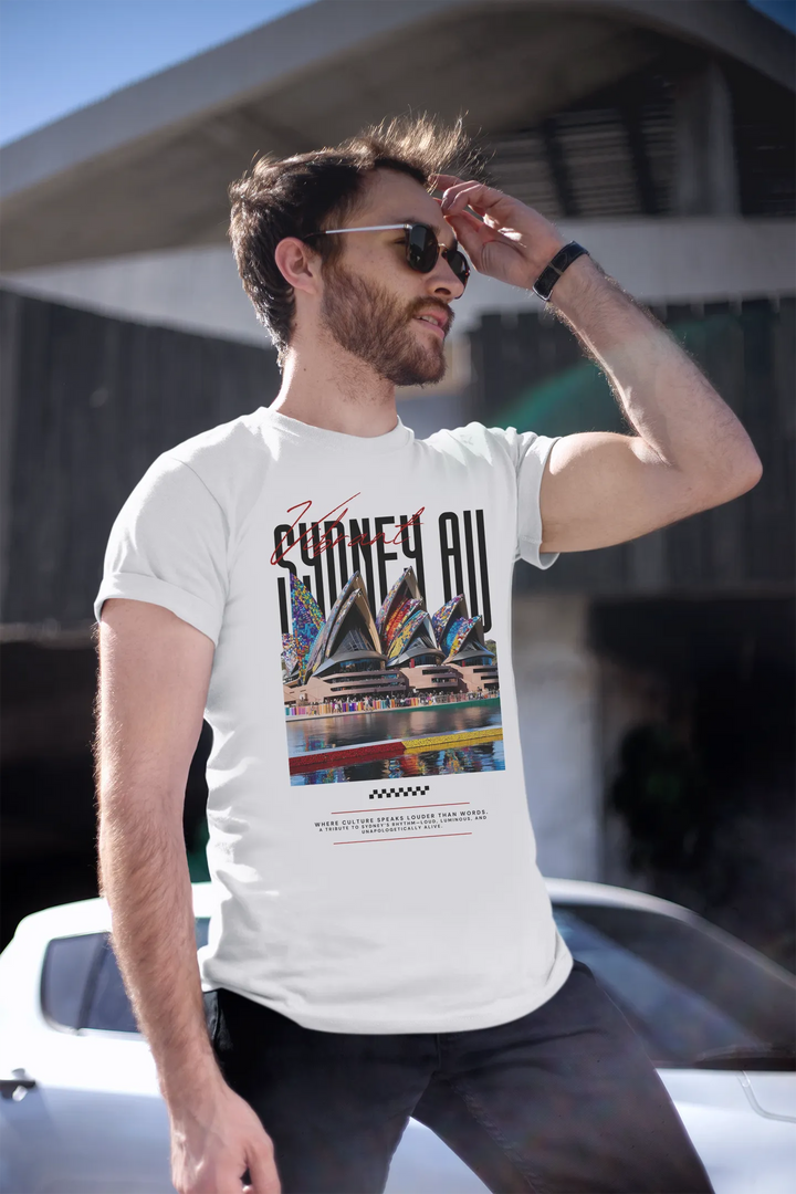Man outdoors wearing Empulse™ Sydney AU white tshirt featuring colorful Opera House print and bold vertical typography