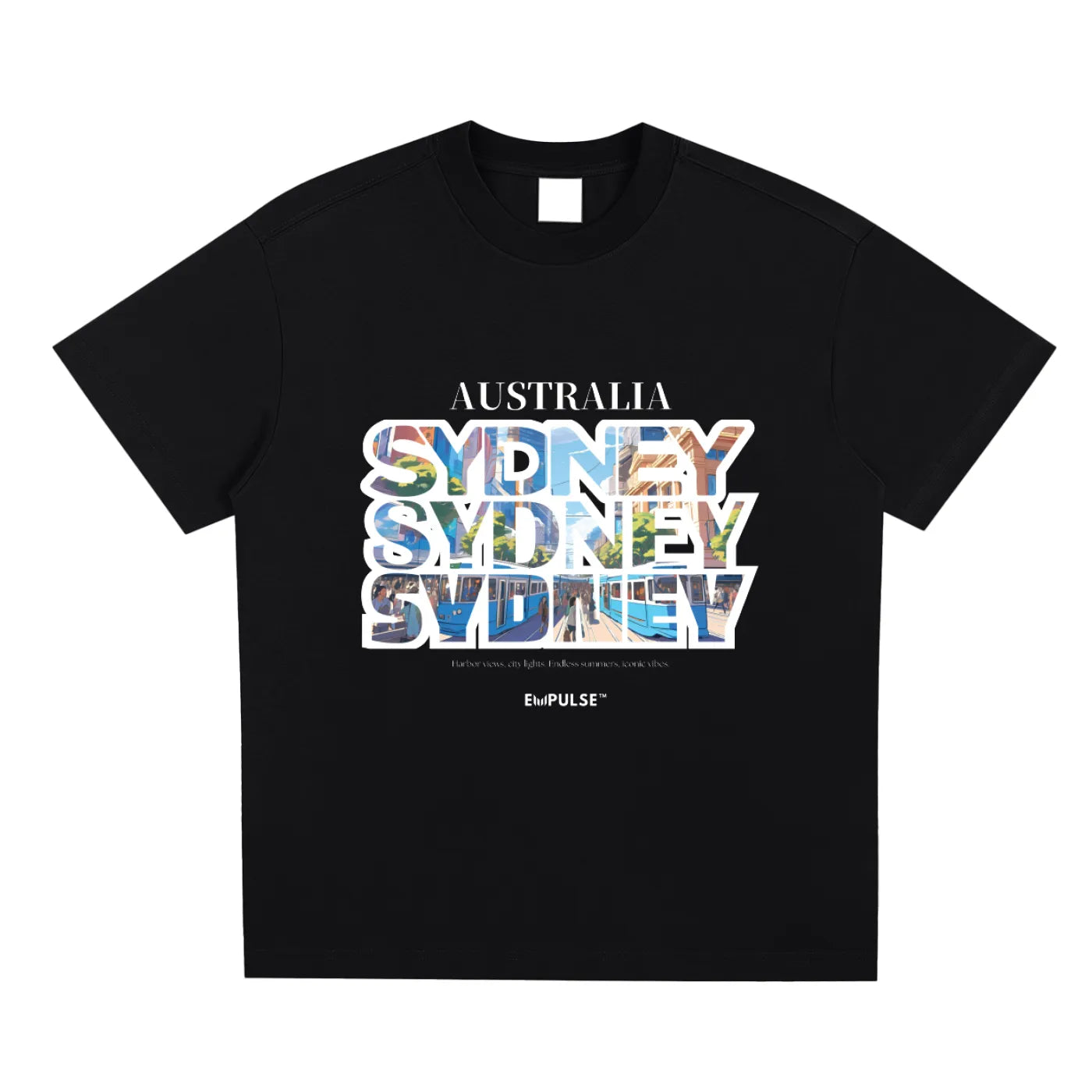 Flat lay of Empulse™ Sydney t-shirt made from Sorona showing full front print