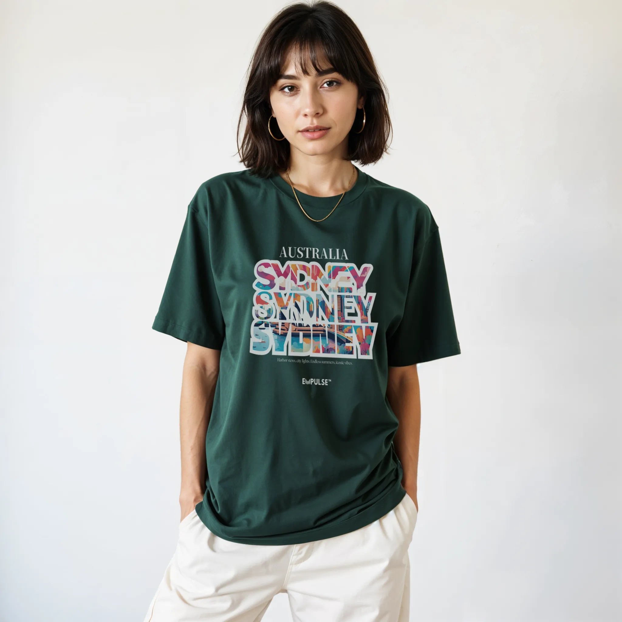 Empulse™ Sydney t-shirt in Sorona green worn by female model, front view