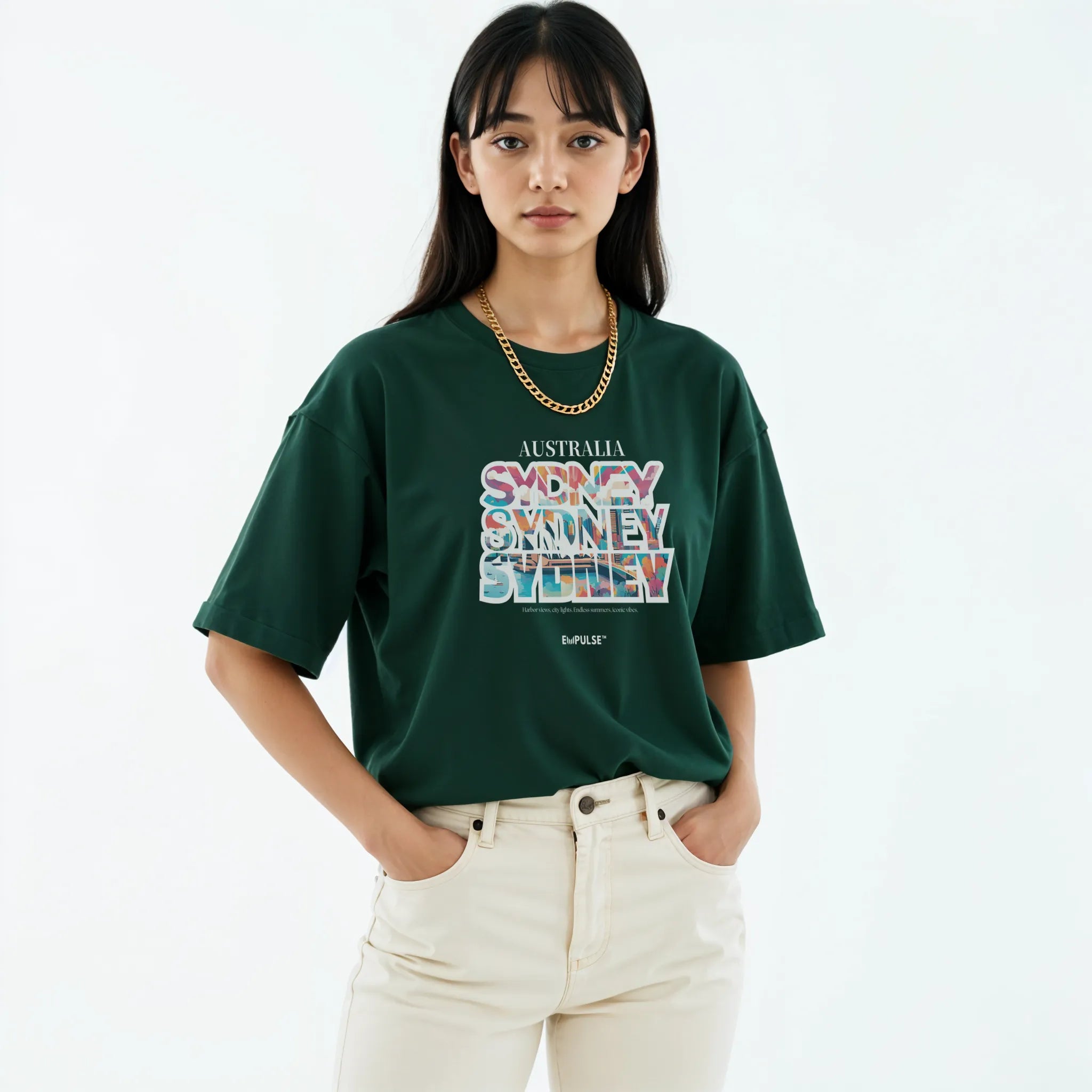 Empulse™ Sorona green Sydney t-shirt styled by female model with relaxed pose