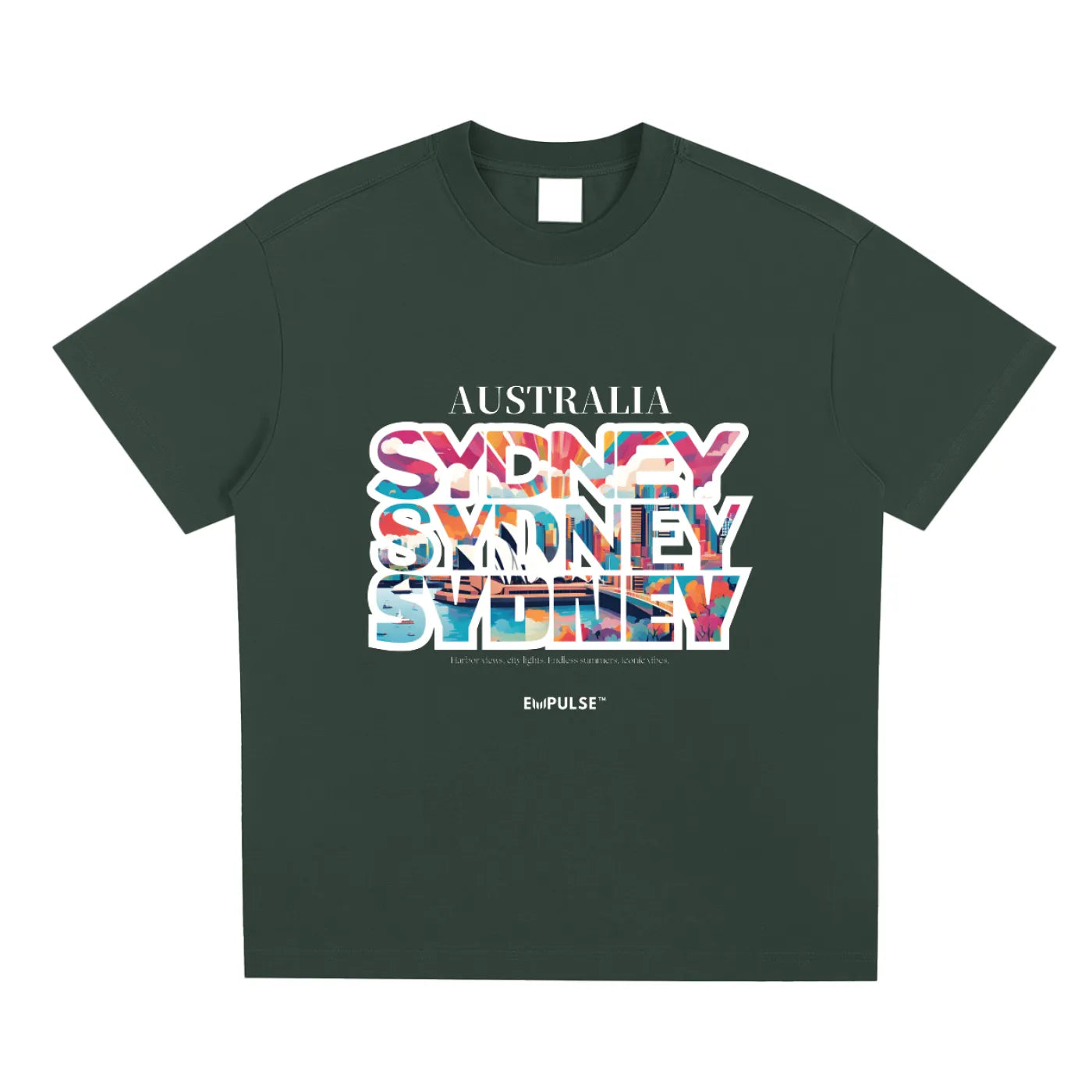 Flat lay of Empulse™ Sydney Sorona t-shirt in green with street graphic