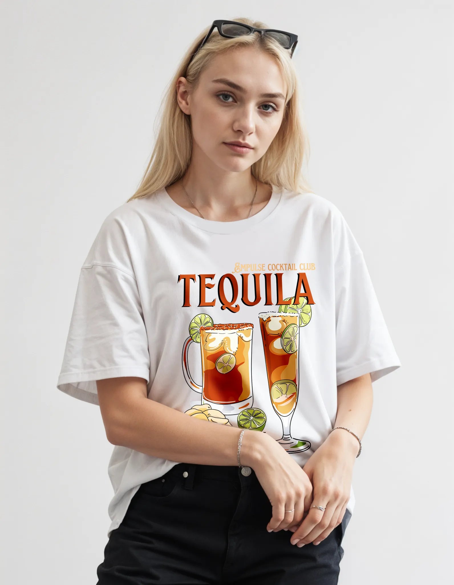 Empulse™ Tequila Club t-shirt in white Sorona blend worn by female model, showing front cocktail design