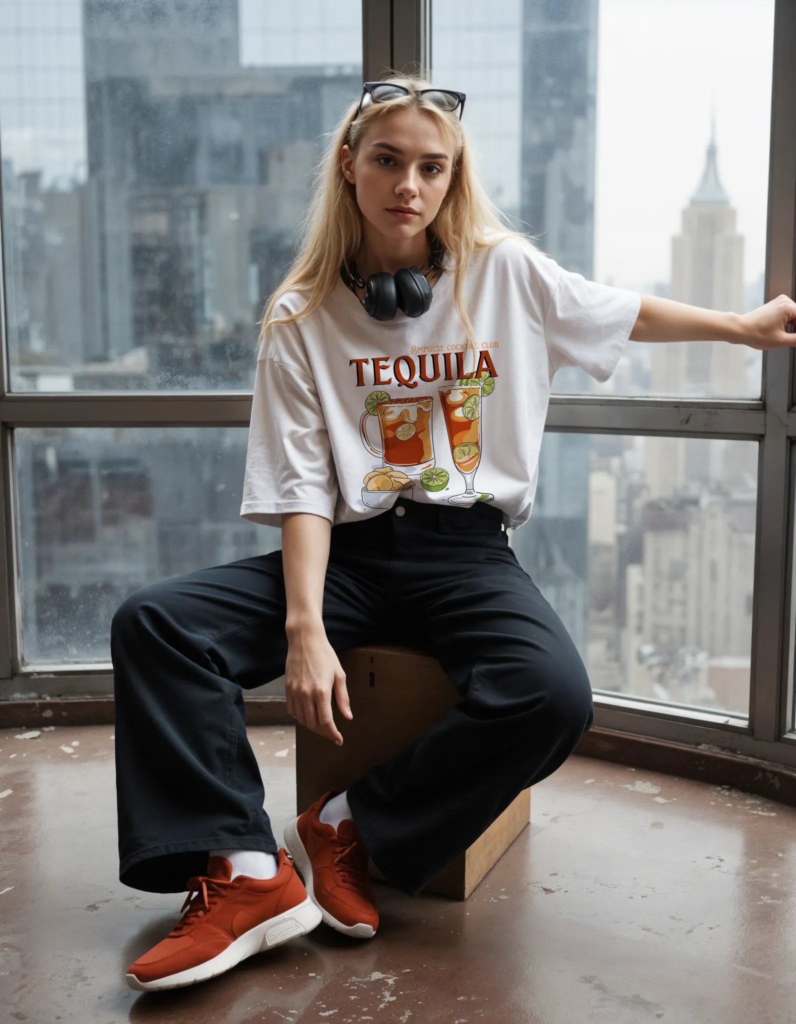 Empulse™ Tequila Club t-shirt styled in urban loft setting, worn by model seated in natural light