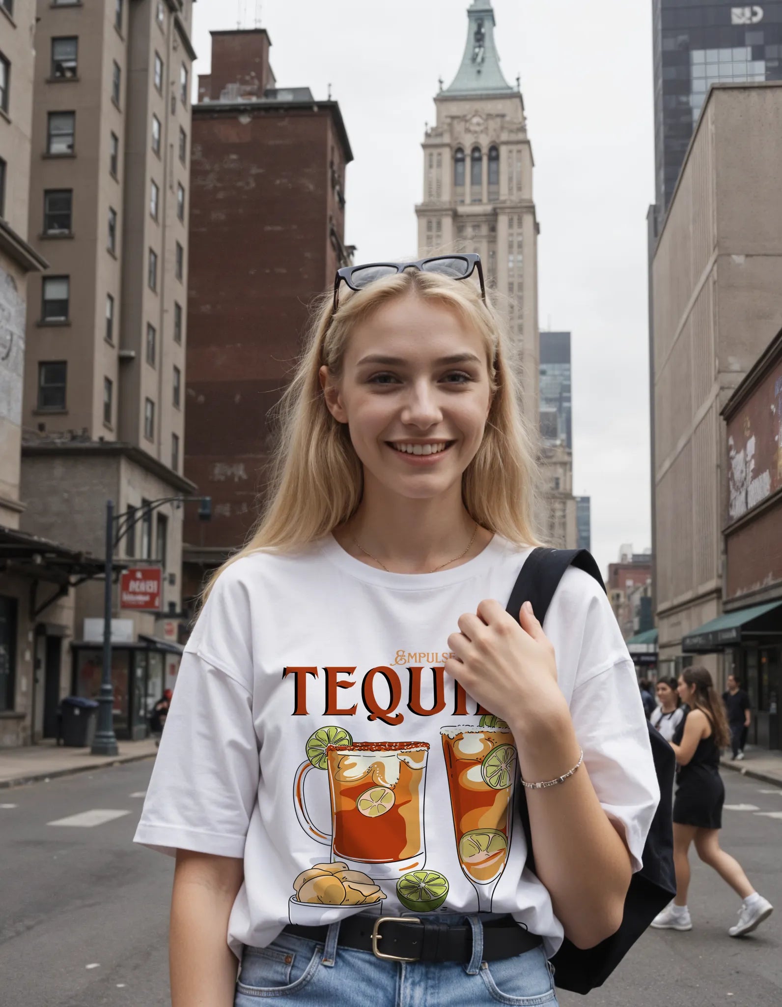 Empulse™ white Sorona tee with tequila glass print worn by model overlooking city skyline on rooftop

