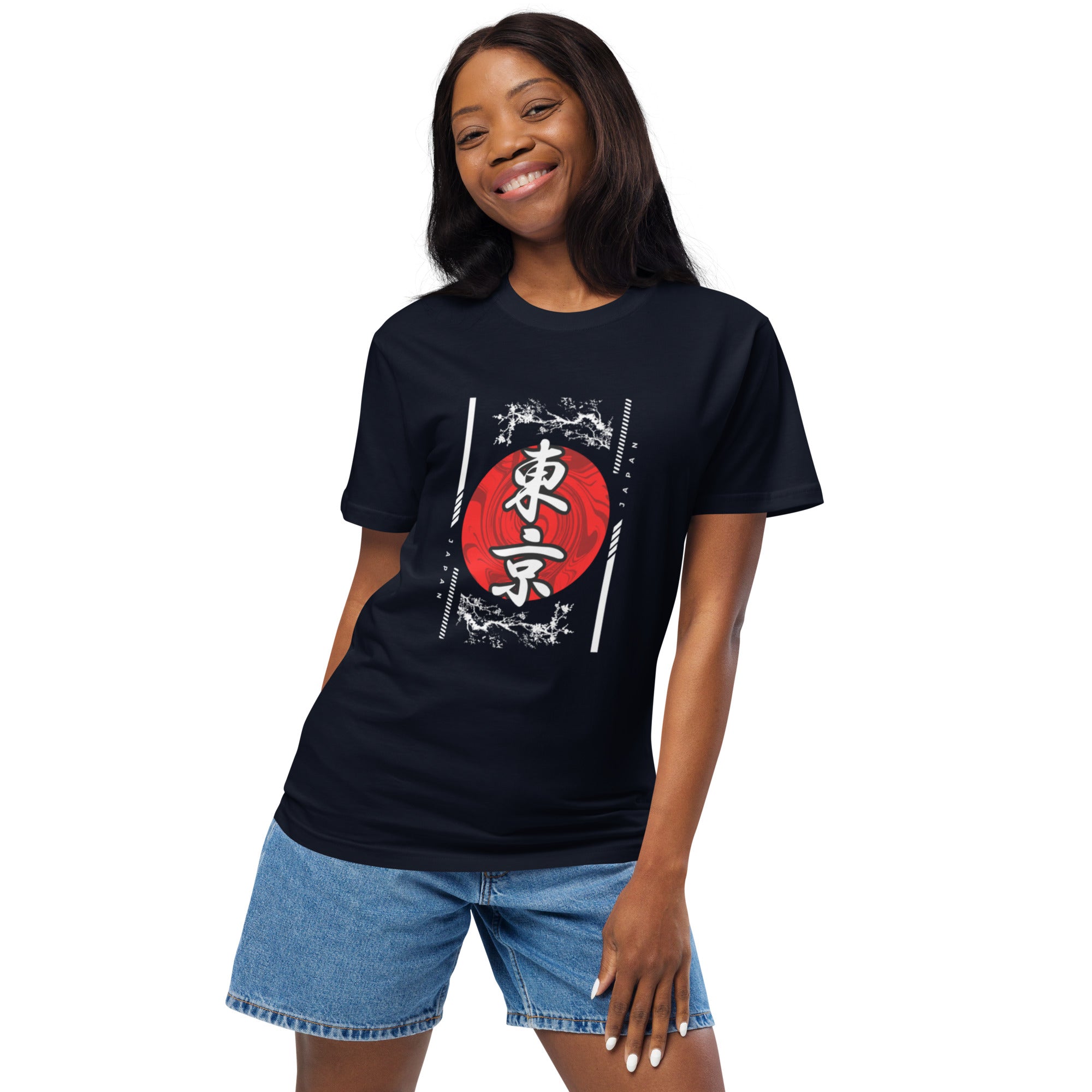 Female model wearing Empulse® Tokyo graphic tee with bold red print