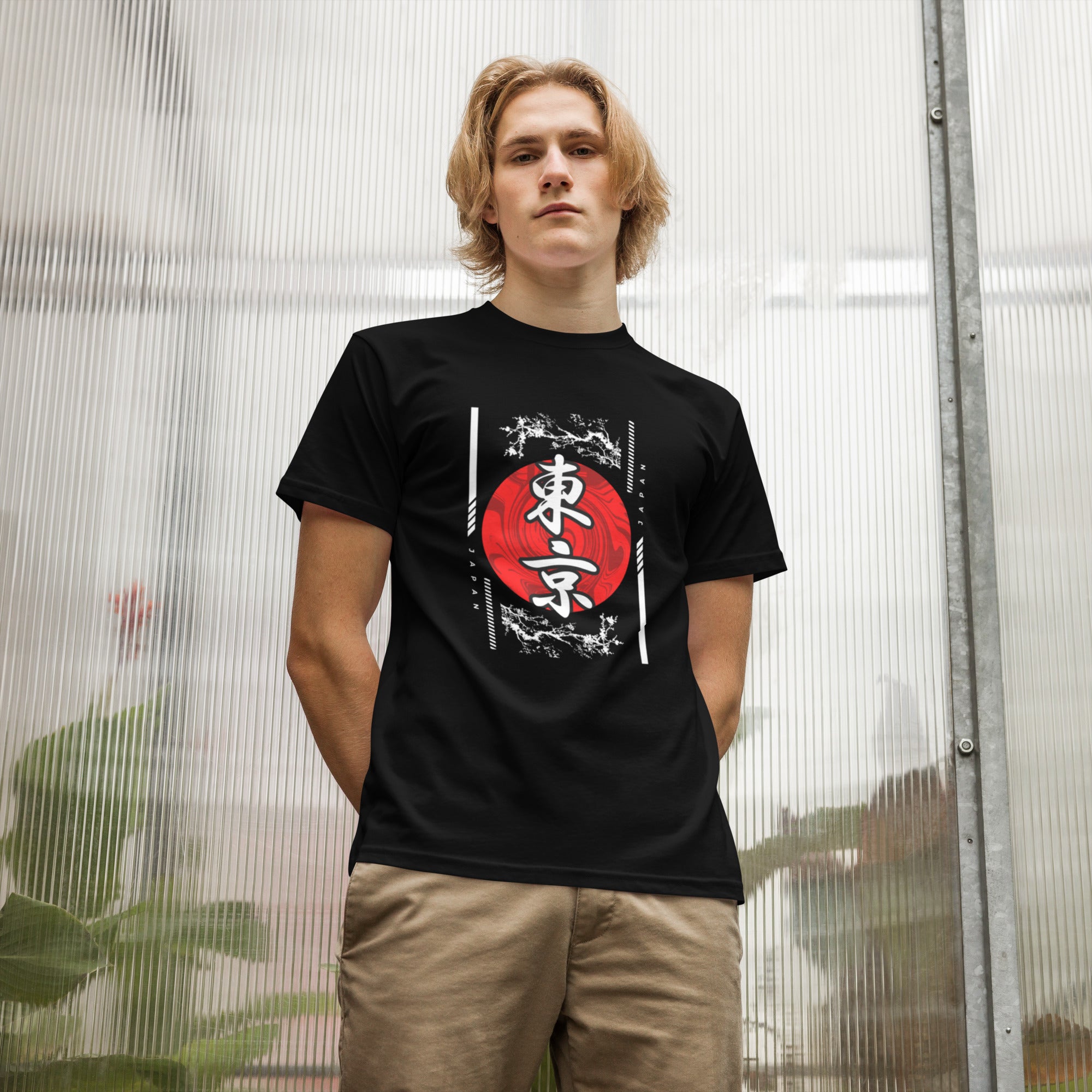 Model wearing Empulse® Tokyo graphic tee with red circle kanji design