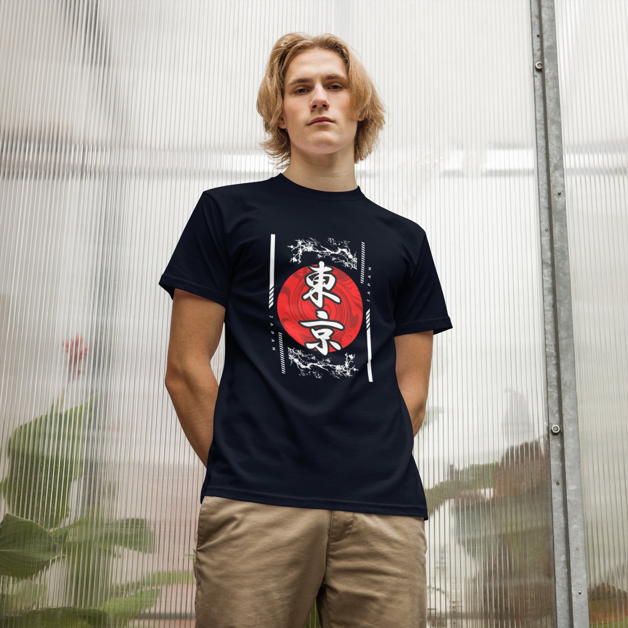 Male model walking in Empulse® Tokyo kanji t-shirt