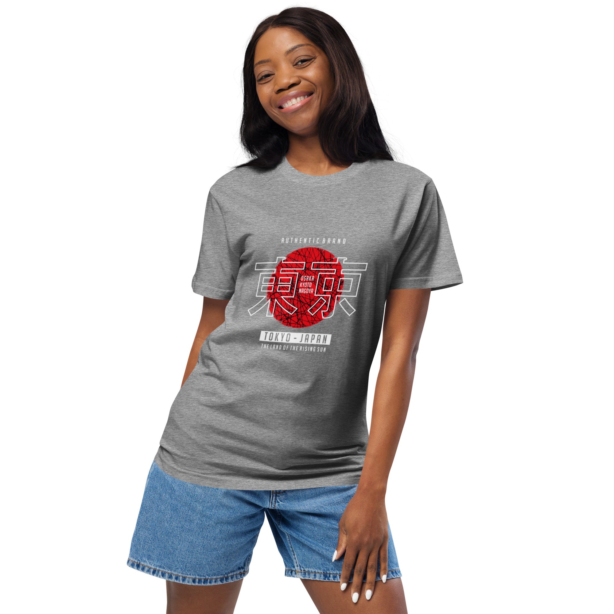 Female model front view in grey Empulse® Tokyo Japan Heritage Tee