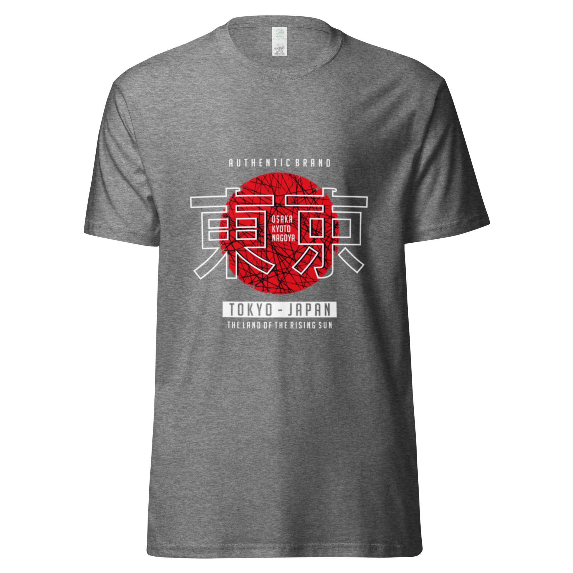 Flat lay front of grey Empulse® Tokyo Japan Heritage Tee with bold red design