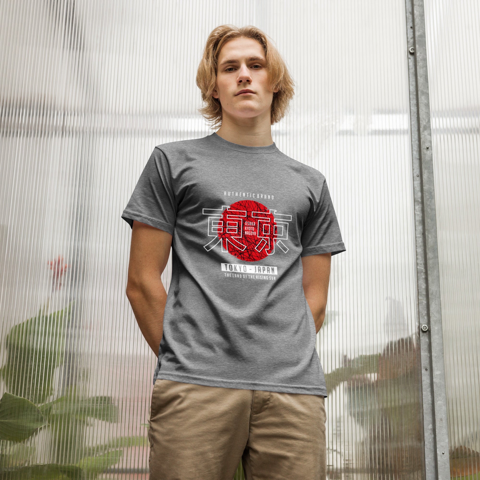 Male model wearing grey Empulse® Tokyo Japan Heritage Tee with red sun and kanji print