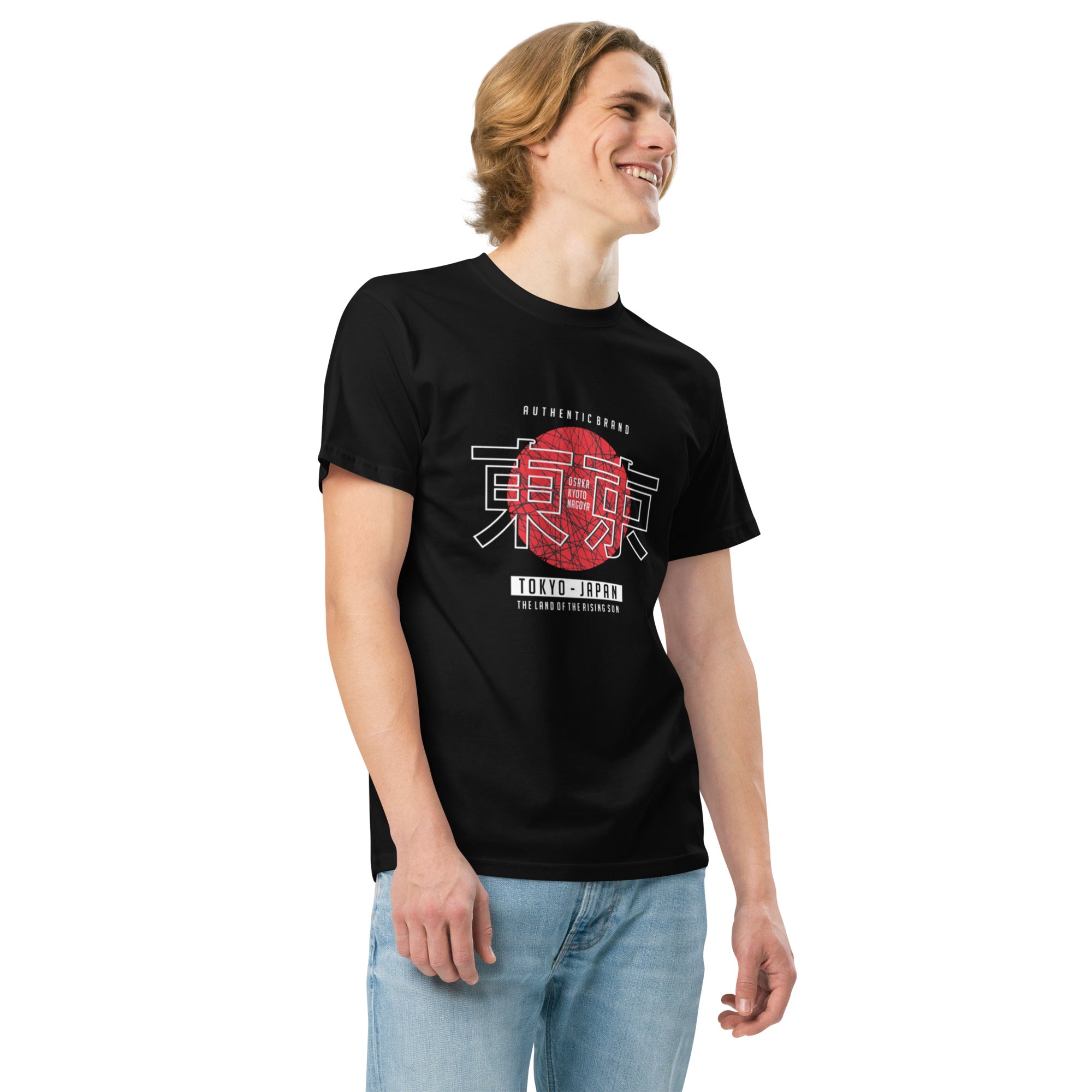 Male model in black Empulse® Tokyo Japan Heritage Tee with layered design